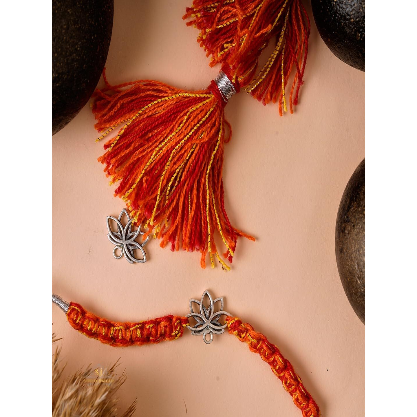 Sj Shubham Jewellers 925 Sterling Silver Lotus Design Handmade Rakhi Set For Brother, Silver Rakhis, Raksha Bandhan Gift (Lumba Rakhi For Bhabhi)