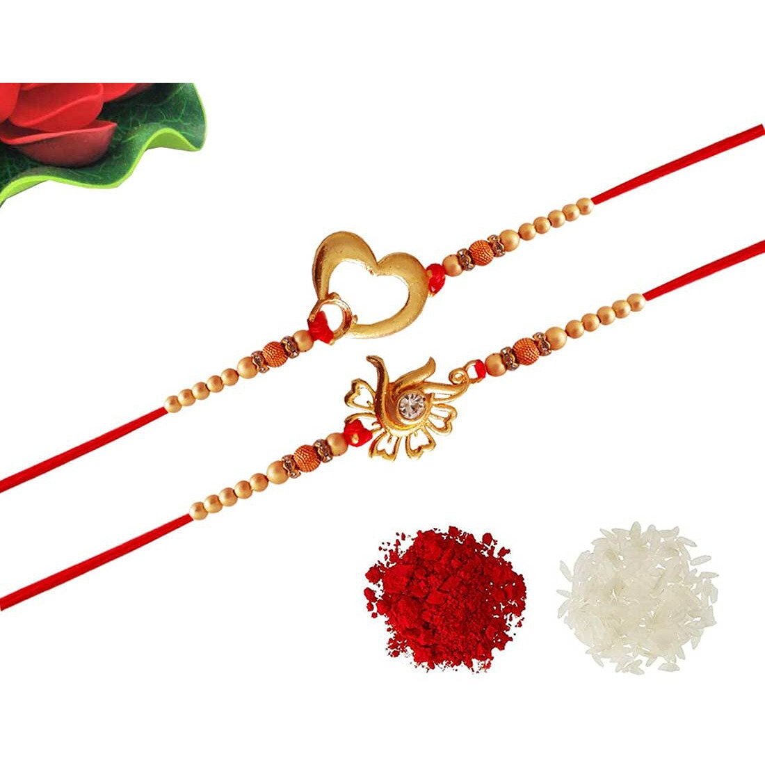 Rich And Famous Rakhi Combo Of 2 Heart Shape And American Diamond Studed Floral Shape Handmade Rakhi With Roli Chawal