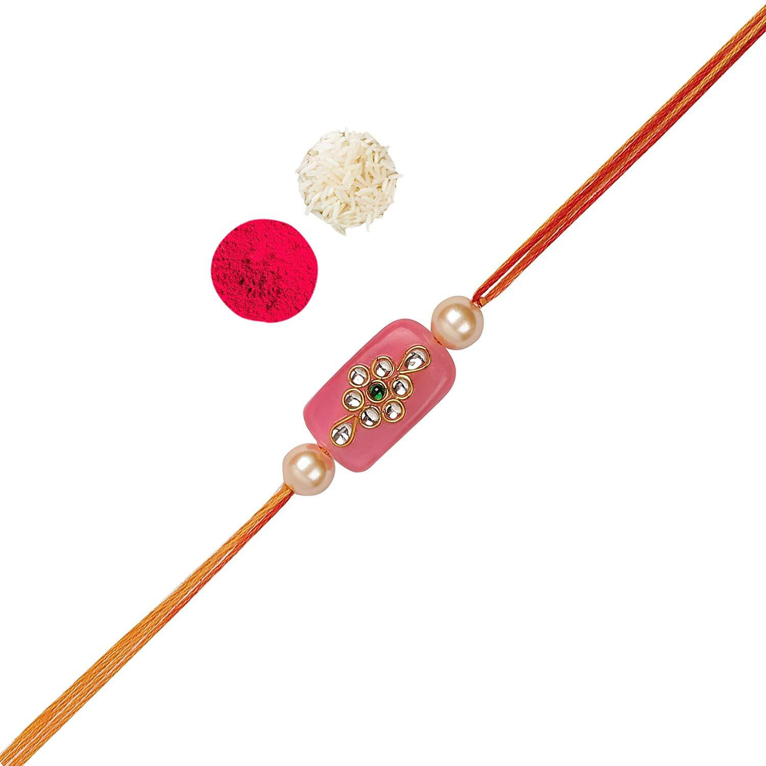 Accessher Mens Traditional Gold Plated Latest Pink Kundan Work Designer Rakhi For Beloved Brother Pack Of 1 With Roli Kumkum Packets And Happy Rakshabandhan Card