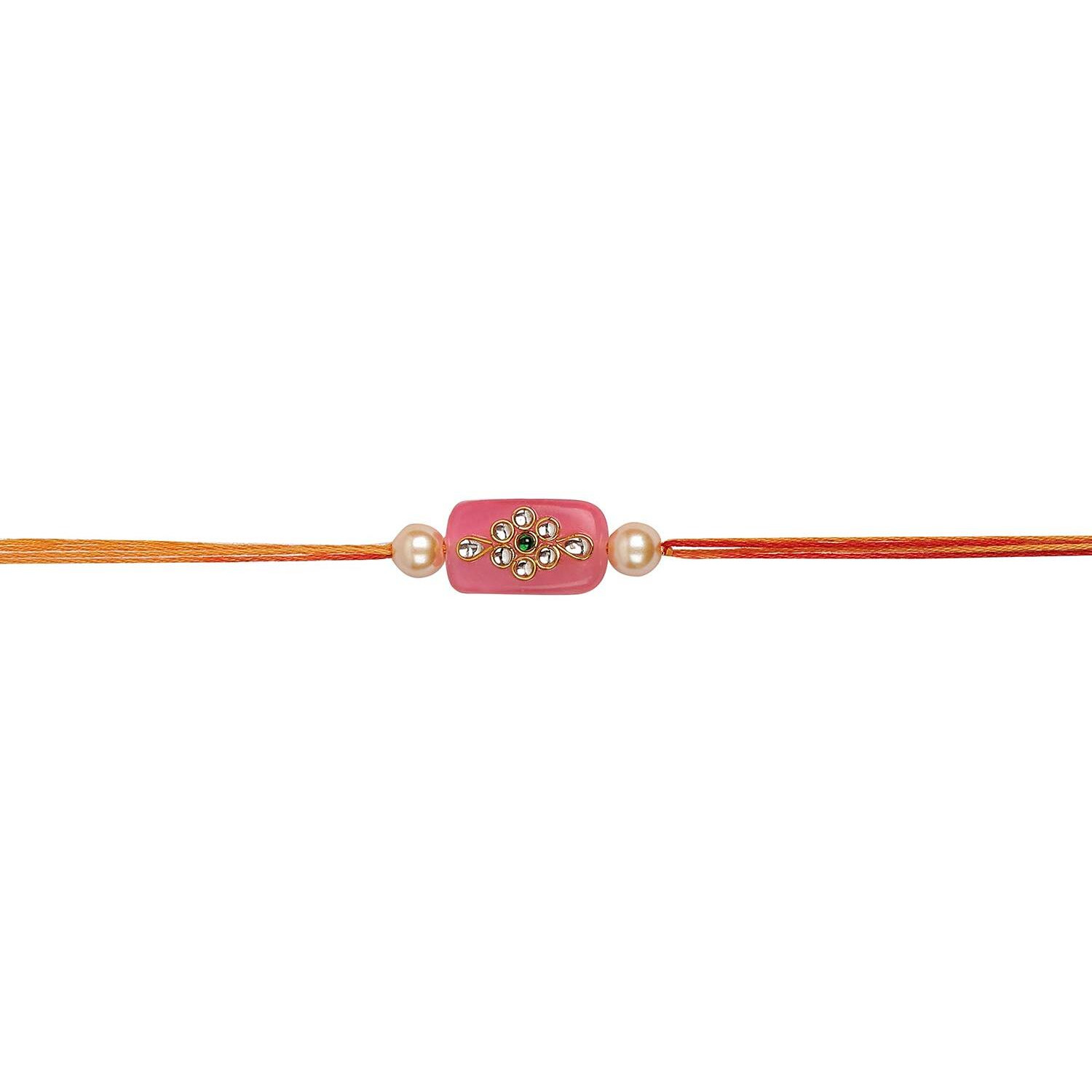 Accessher Mens Traditional Gold Plated Latest Pink Kundan Work Designer Rakhi For Beloved Brother Pack Of 1 With Roli Kumkum Packets And Happy Rakshabandhan Card