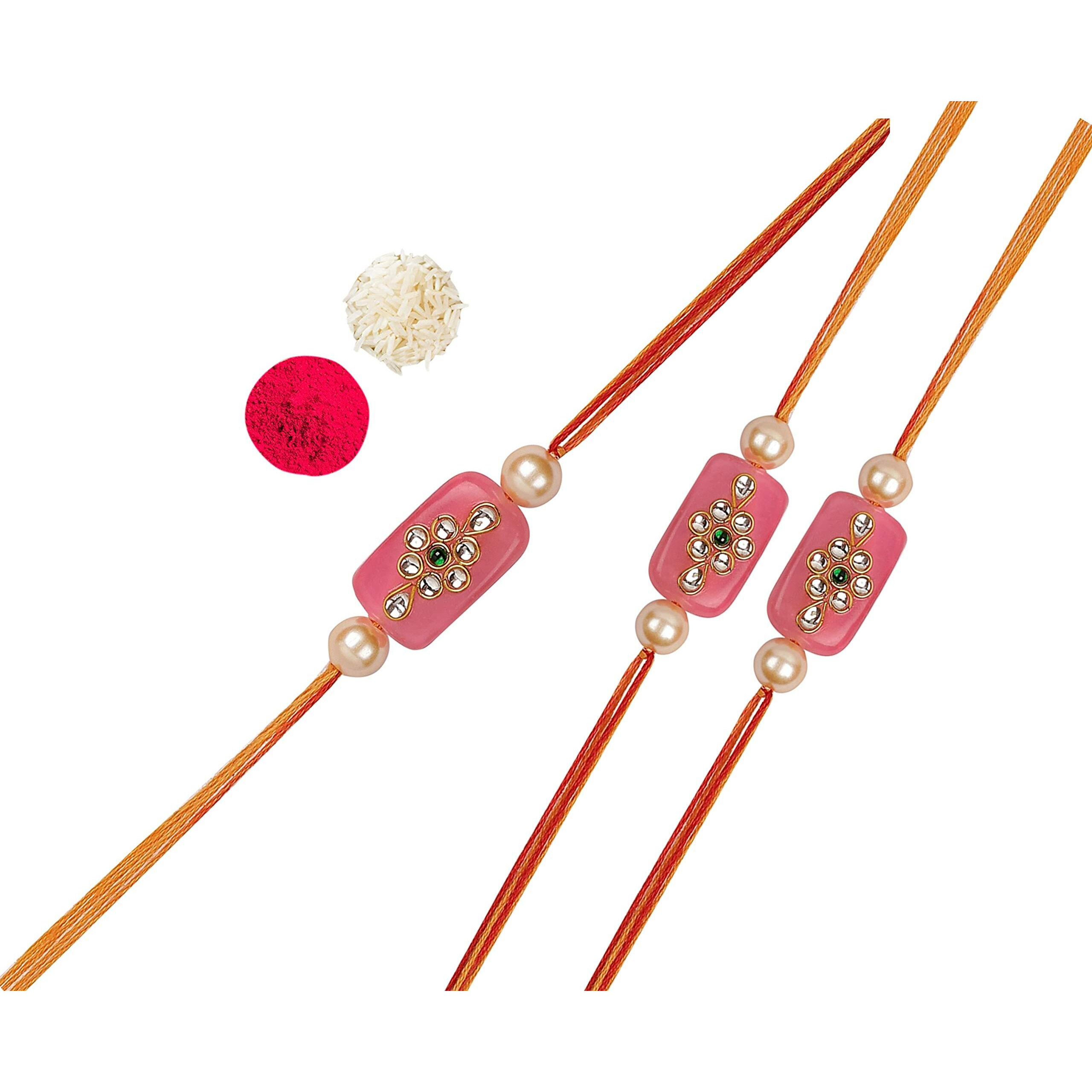 Accessher Mens Traditional Gold Plated Latest Pink Kundan Work Designer Rakhi For Beloved Brother Pack Of 1 With Roli Kumkum Packets And Happy Rakshabandhan Card