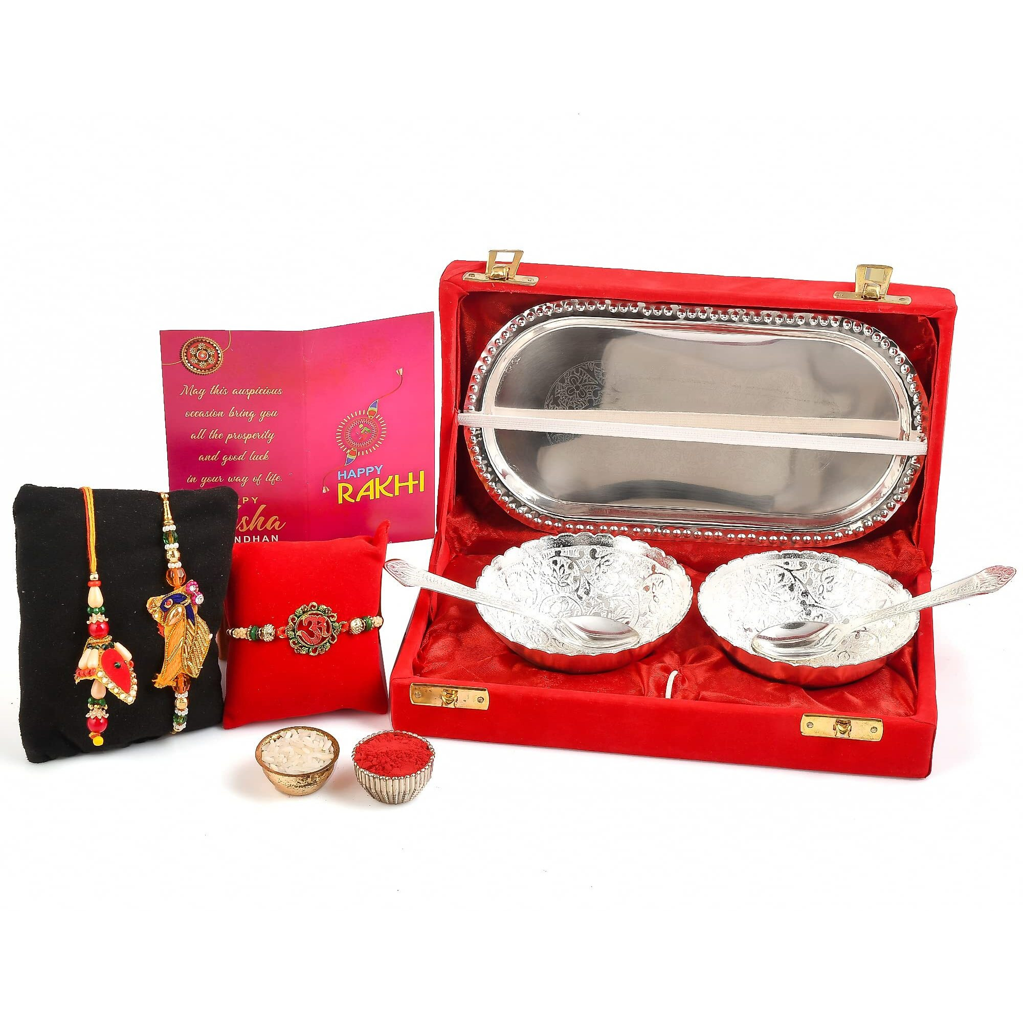 Yalambar Rakhi Gift For Brother And Bhabhi With Gift - Designer Rakhi With Rakshabandhan Special Brass Bowl With Velvet Box, Wishes Card And Roli Chawal -Yal-02-861