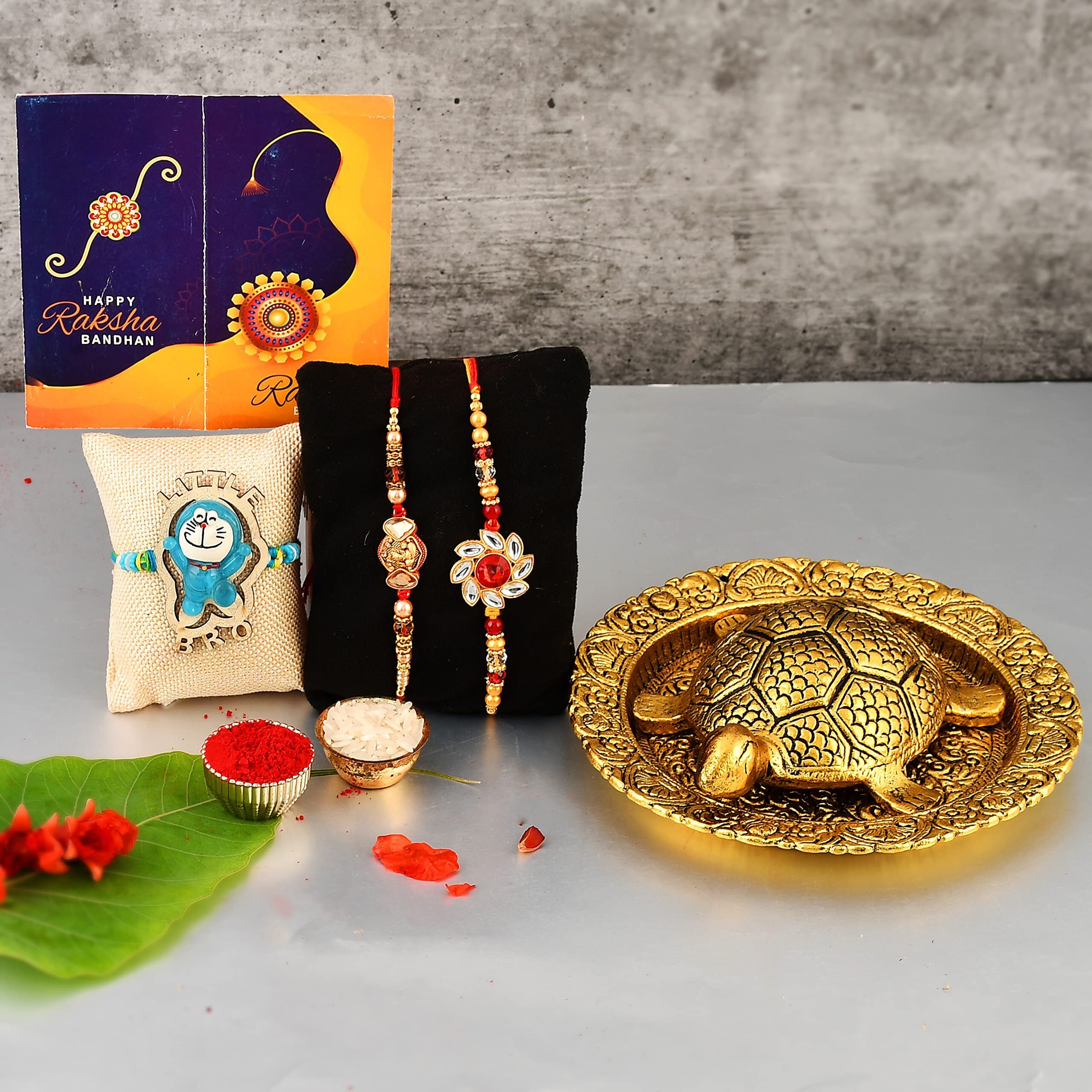 Yalambar Rakhi Gift For Brother With Rakhi Gift Combo For Brother Best Gift For Bhaiya Bhabhi + Metal Tortoise Vastu Showpiece + Rakhi Set Of-3 +Roli Chawal + Free Rakhi Card-Yal-022-23