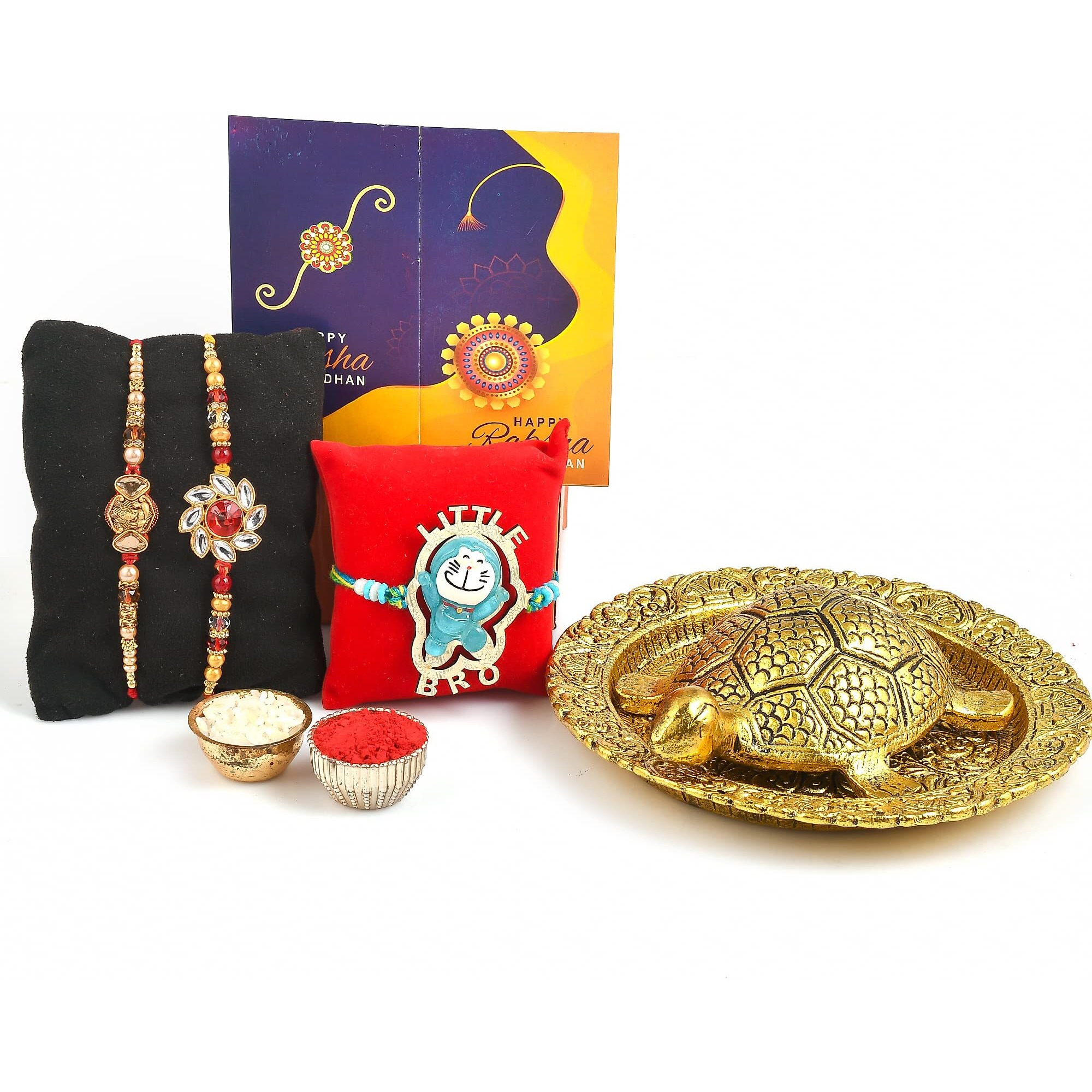 Yalambar Rakhi Gift For Brother With Rakhi Gift Combo For Brother Best Gift For Bhaiya Bhabhi + Metal Tortoise Vastu Showpiece + Rakhi Set Of-3 +Roli Chawal + Free Rakhi Card-Yal-022-23