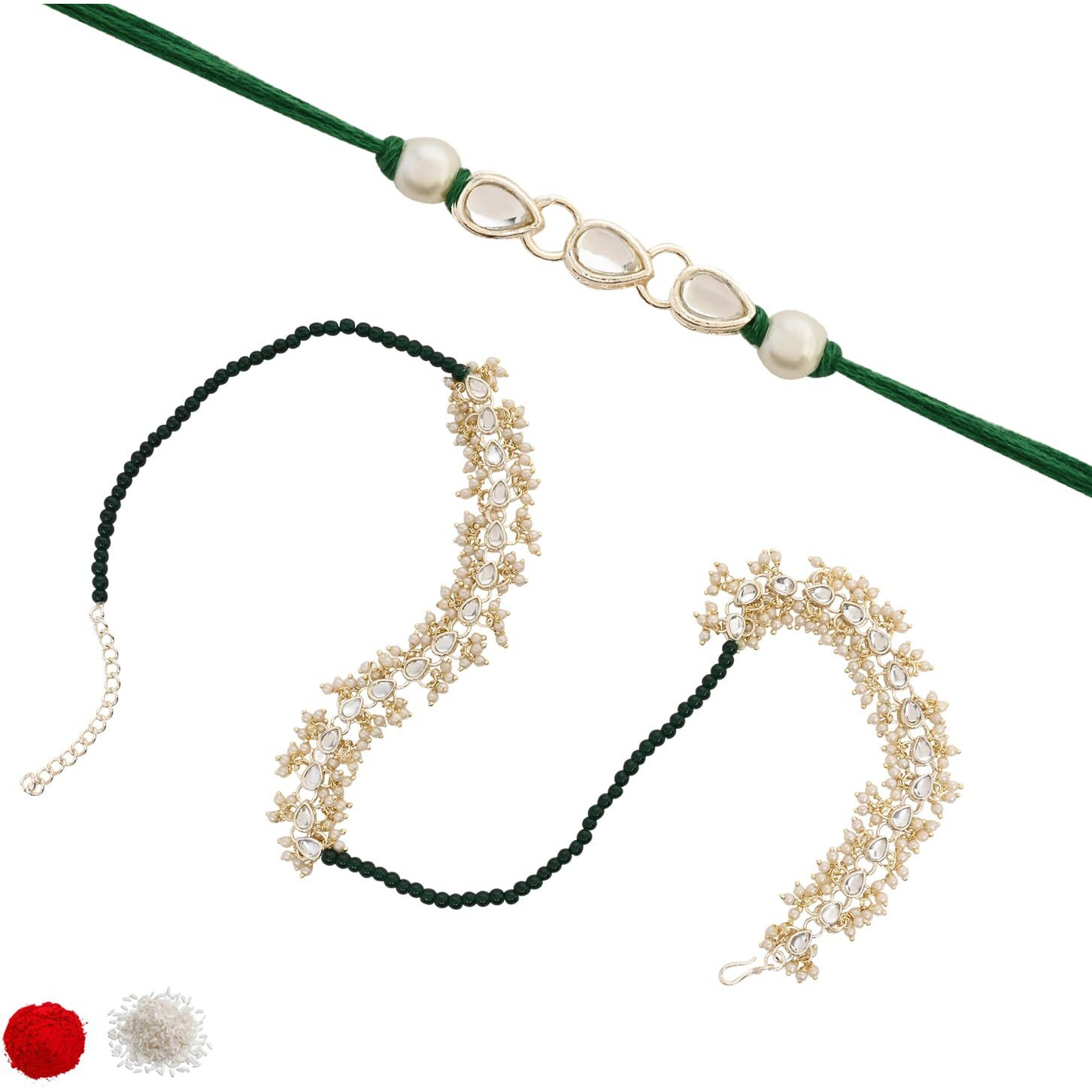 I Jewels Mens Designer Kundan Pearl Hanging Bhaiya Bhabhi Lumba Rakhi Bracelet Combo Set With Roli Chawal & Rakshabandhan Greeting Card (R161G-Co)