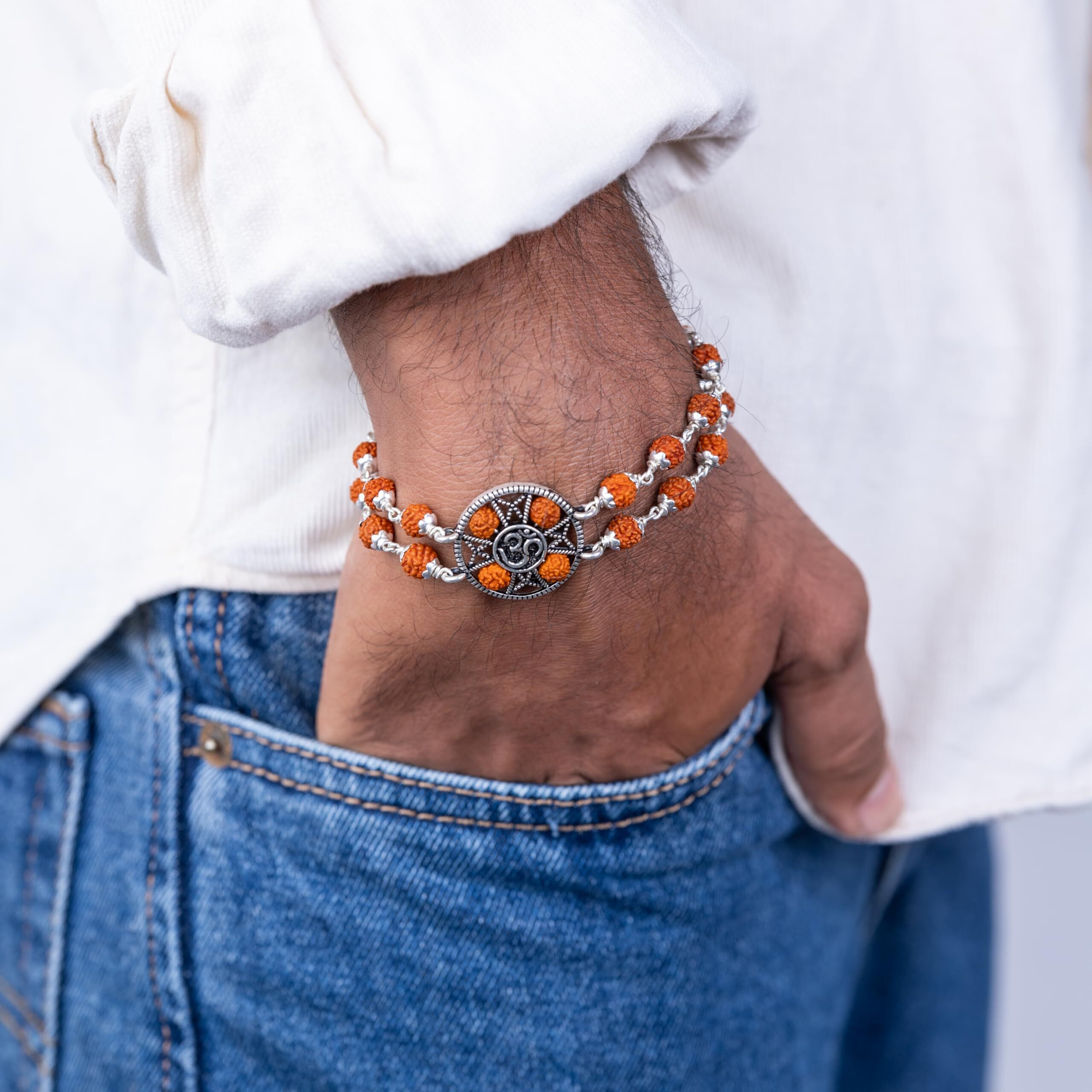 Hem Jewels Pure Silver Rudraksha Rakhi For Brother | Silver Bracelet For Boys And Men | Silver Bracelet Rakhi | Silver Rakhi For Brother | Design Om Radiance Rudraksh (Hjrkh-95)