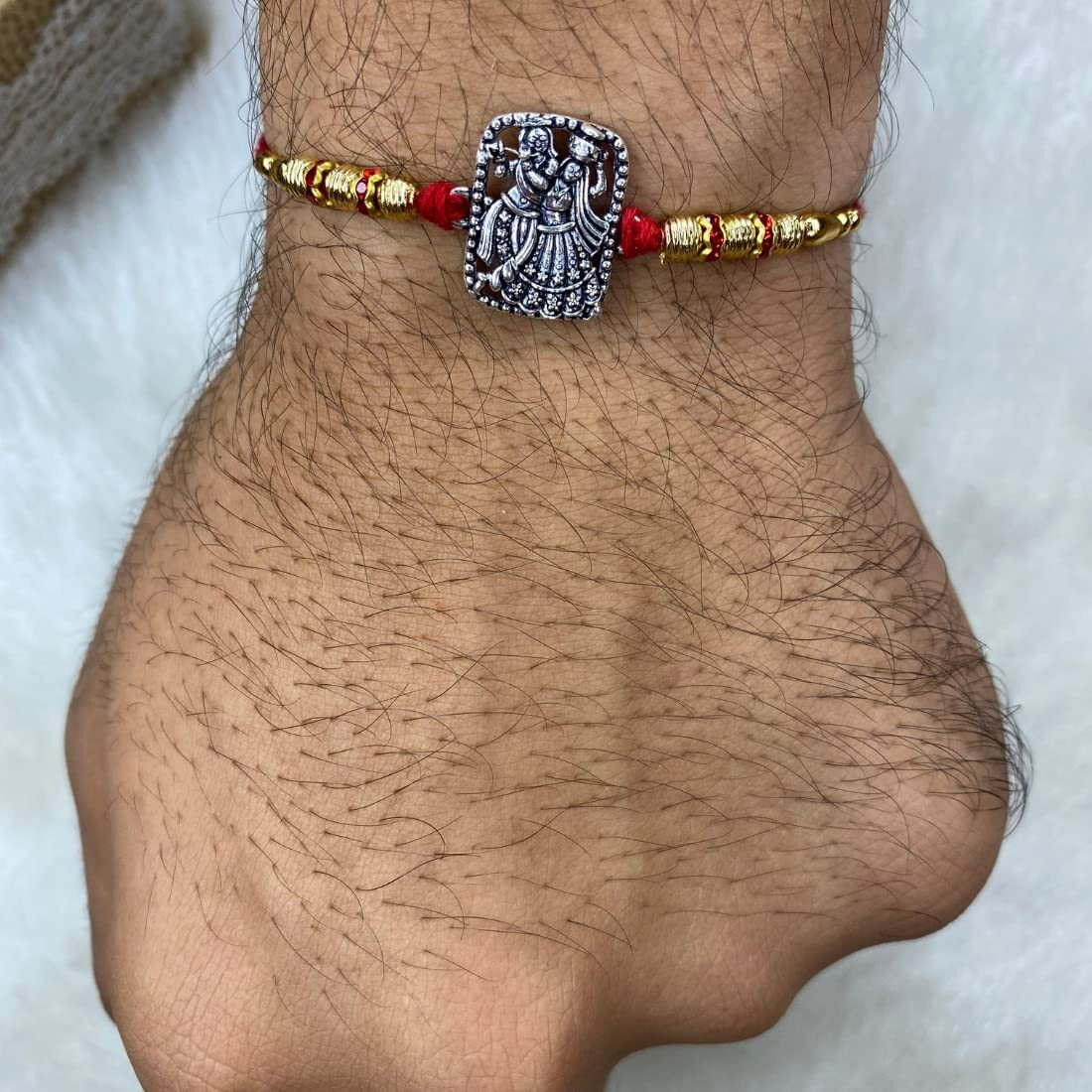 Hem Jewels Pure Silver Rakhi For Brother With Cotton Thread | Silver Rakhi With Radhe Krishna Motif | Silver Rakhi For Boys | (Hj_Rkh1X9)