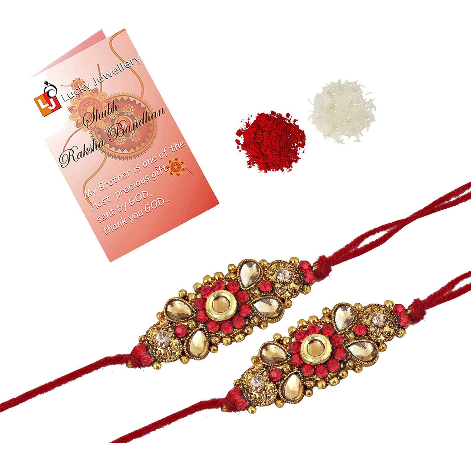 Lucky Jewellery 18 K Gold Plated Rakhi Collection Rakshabandan Rakhee Bracelet For Bro/Brother/Bhaiya/Bhai/Bhabhi Rakshasutra (220-P3R1-236-B-Lct-Red-2)