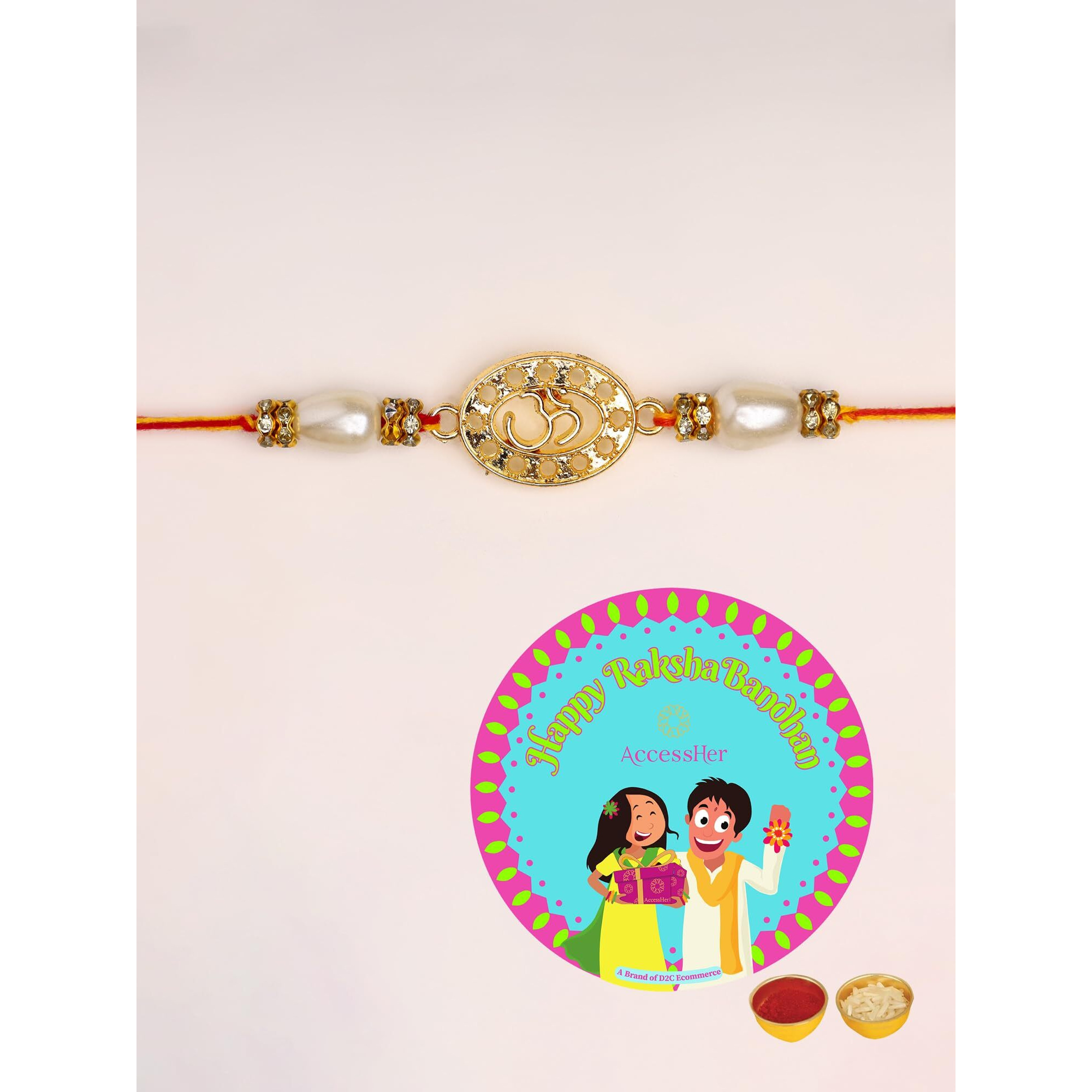Accessher Mens Traditional Gold Plated Metallic Om Design Deity Inspired Rakhi For Beloved Brother Pack Of 1 With Roli Kumkum Packets And Happy Rakshabandhan Card