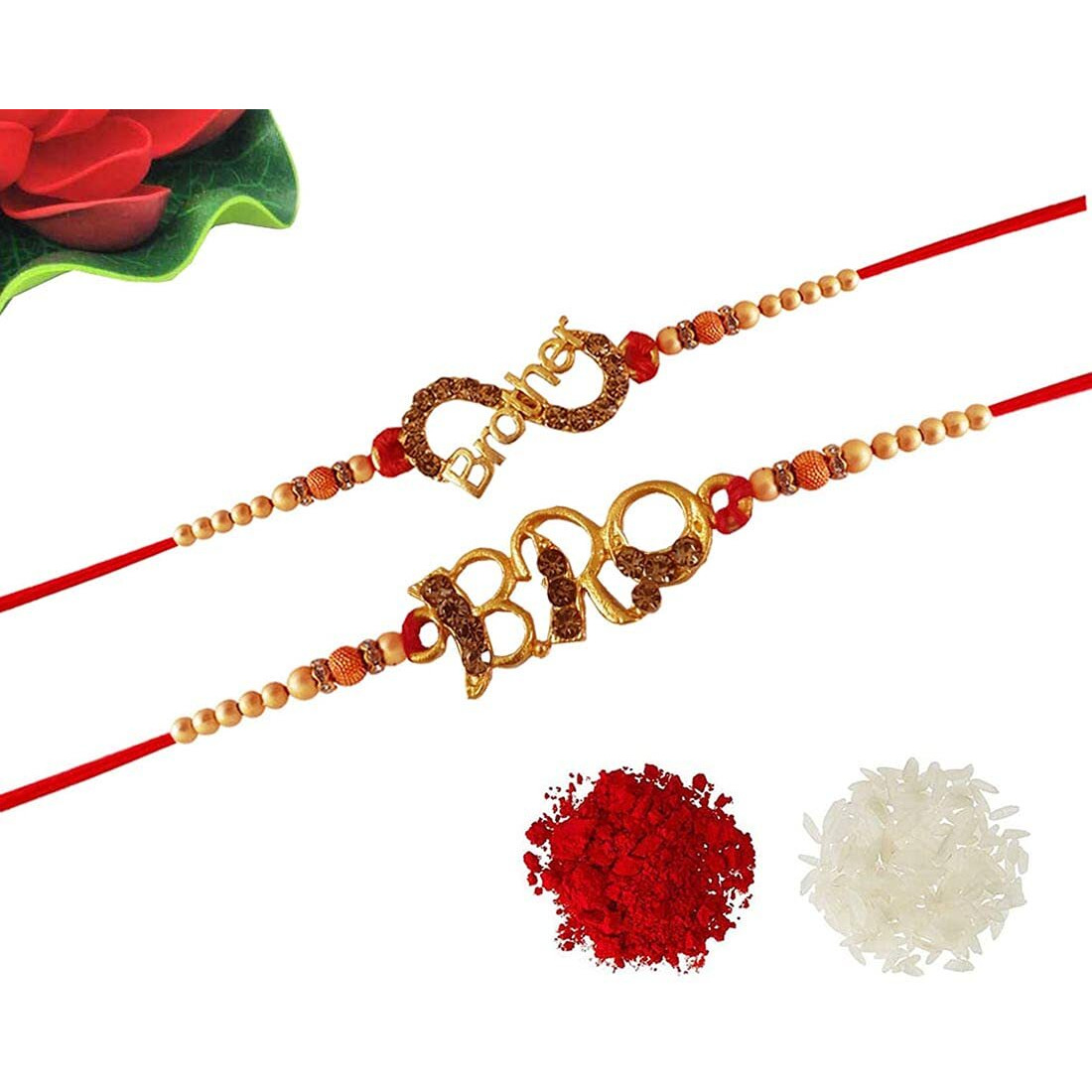 Rich And Famous Rakhi Combo Of 2 'Bro' And 'Brother' Word Handmade Rakhi With Roli Chawal, Multicolor, Free Size