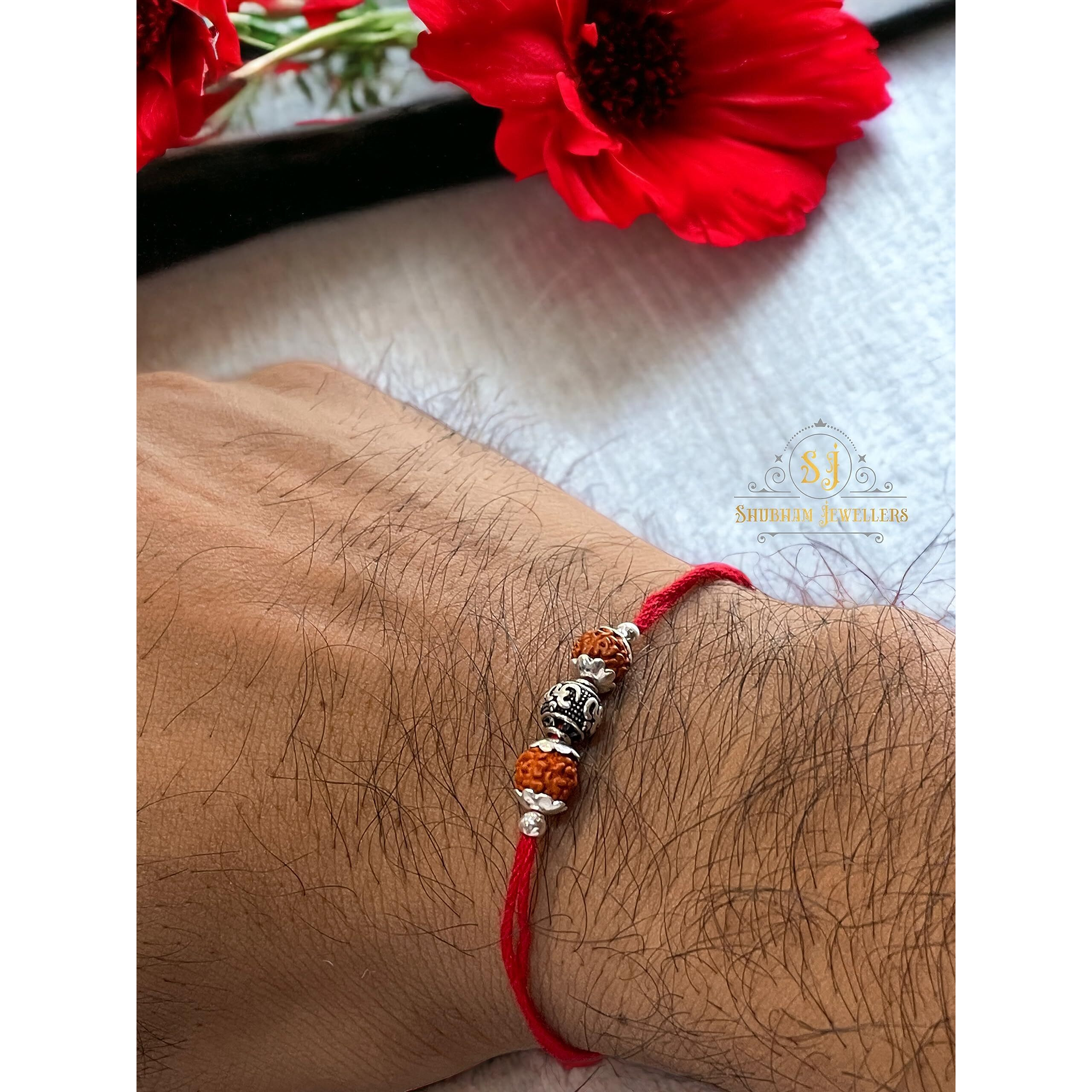 Sj Shubham Jewellers 925 Sterling Silver Rakhi For Brother Rudraksha Rakhi Bracelet Raksha Bandhan Pure Cotton For Men, Boys, Kids Rakhi With Roli Chawal (Rudraksha Om)