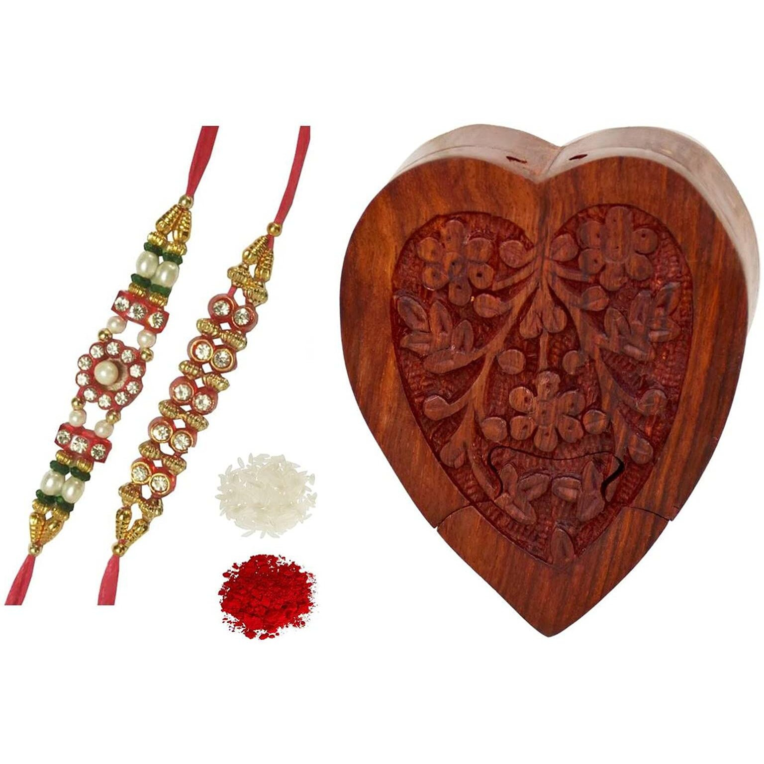 Purpledip Rakhi Hamper For Brother  Heart Shaped Wooden Mystery Box With 2 Designer Rakhis & Roli Chawal (Rakhi65)