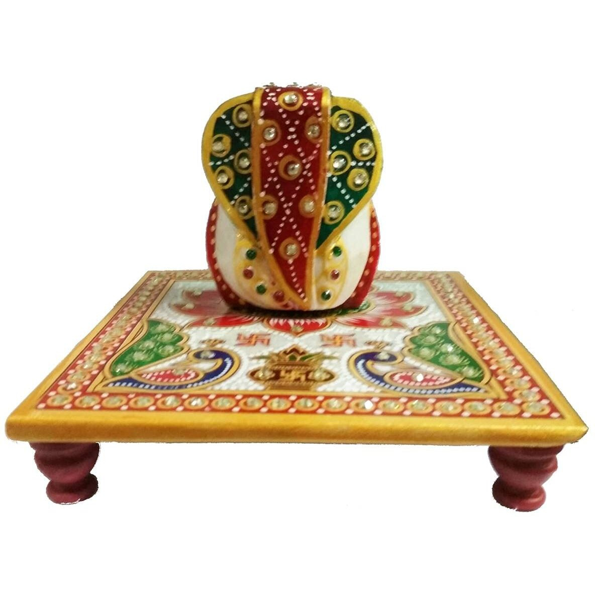 Purpledip Rakshabandhan Set For Brother Large Marble Chowki Ganesha (6X6X5 Inch), Set Of 2 Designer Rakhi & Pack Of Roli Chawal Tika (Rakhi1D)
