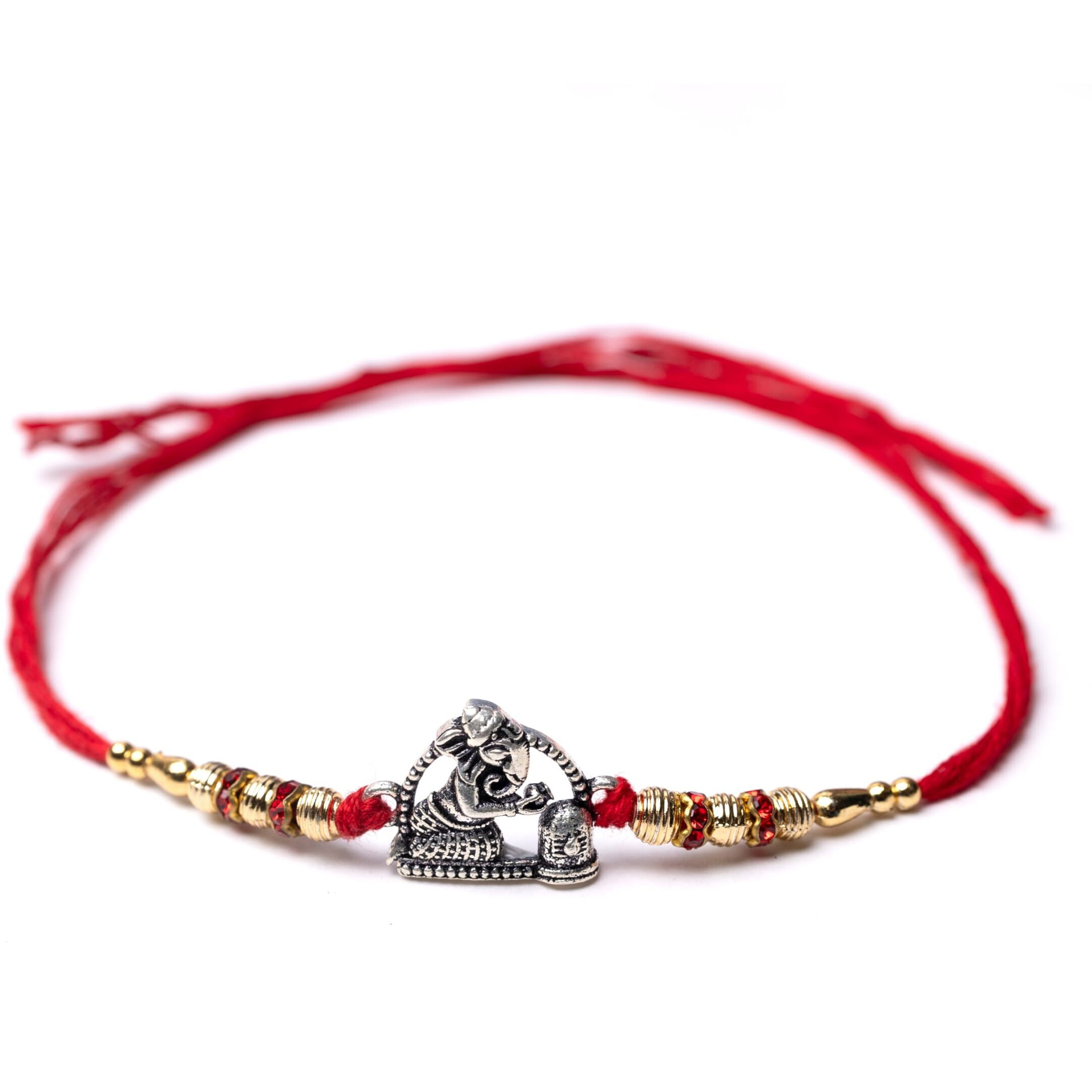 Hem Jewels Pure Silver Rakhi For Brother With Silver Motif And Cotton Thread | Silver Thread Rakhi For Men | Free Size | Design Style - Ganesh Shivling (Hrkh-D9)