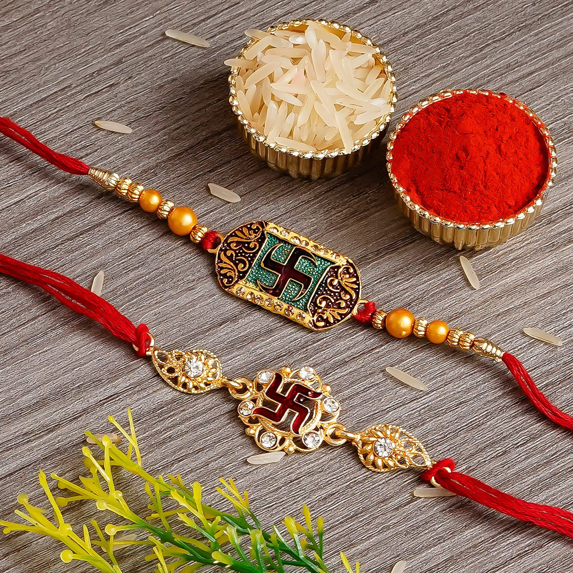 Wisezag Rakhi For Brother Combo Set Double Sathiya Designer Rakhi For Brother With Roli Chawal And Raksha Bandhan Gift Bhai Or Bhaiya For Raksha Bandhan (Pack Of 2)