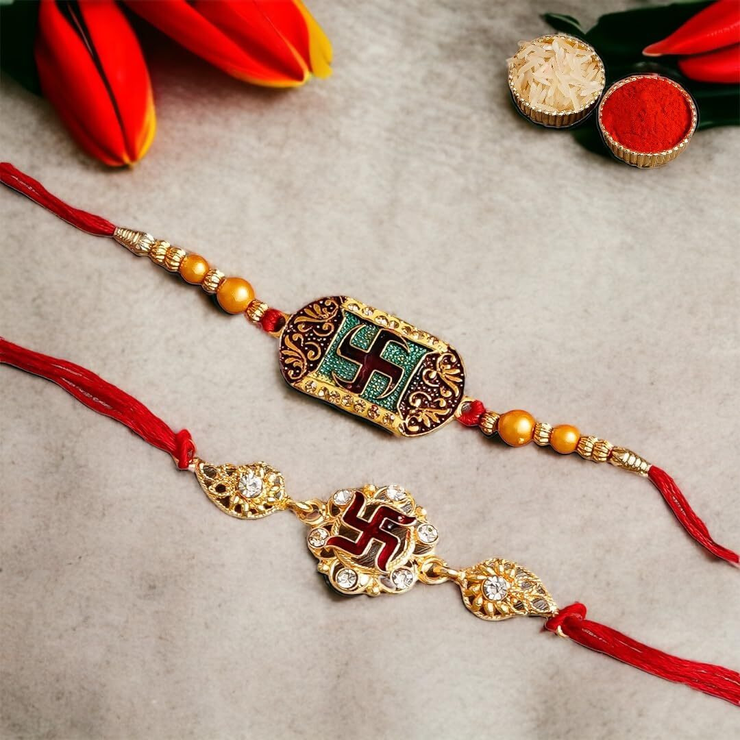 Wisezag Rakhi For Brother Combo Set Double Sathiya Designer Rakhi For Brother With Roli Chawal And Raksha Bandhan Gift Bhai Or Bhaiya For Raksha Bandhan (Pack Of 2)