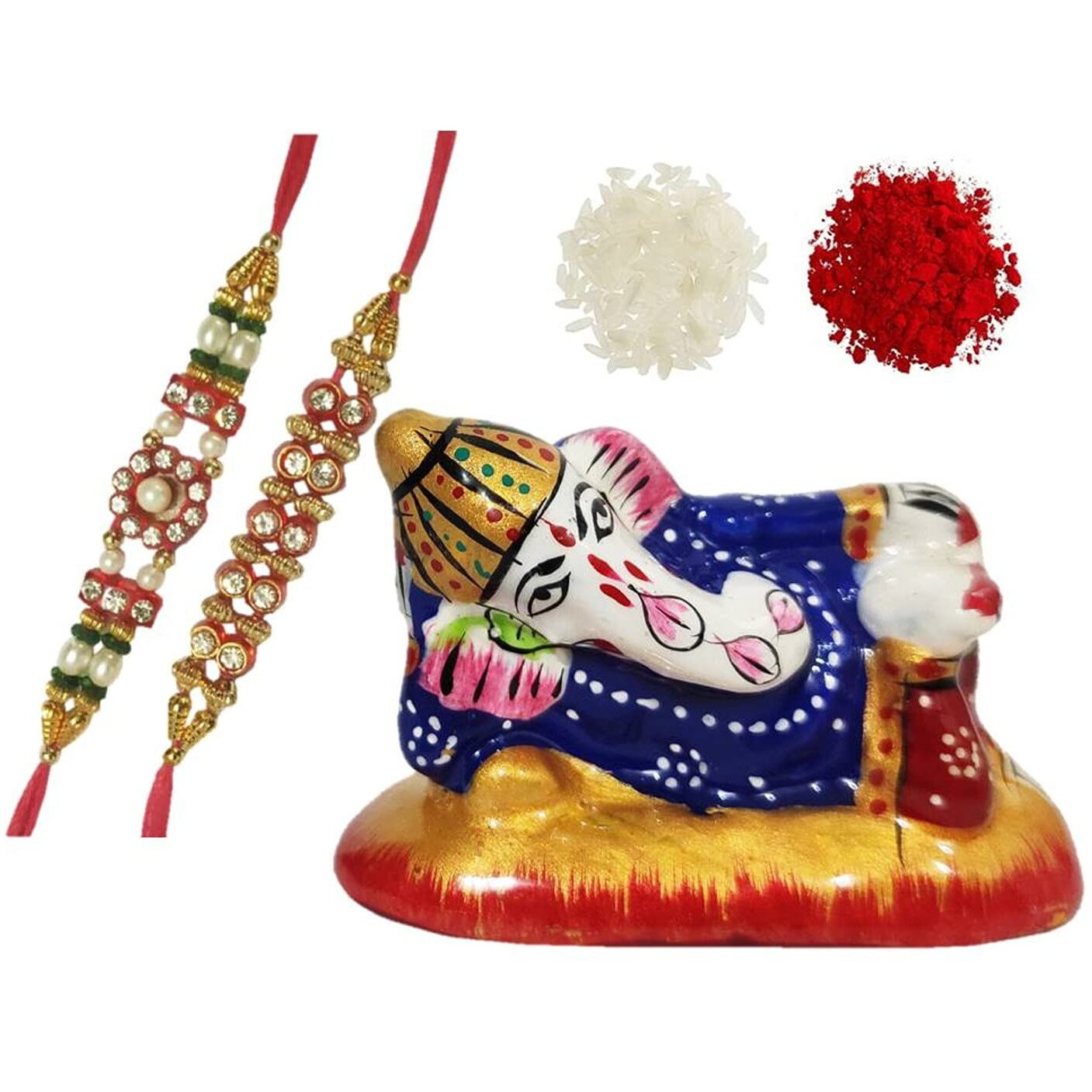 Purpledip Rakshabandhan Set Ganesha Metal Idol With Meenakari Painting, 2 Designer Rakhi, Roli Tika (Rakhi82)