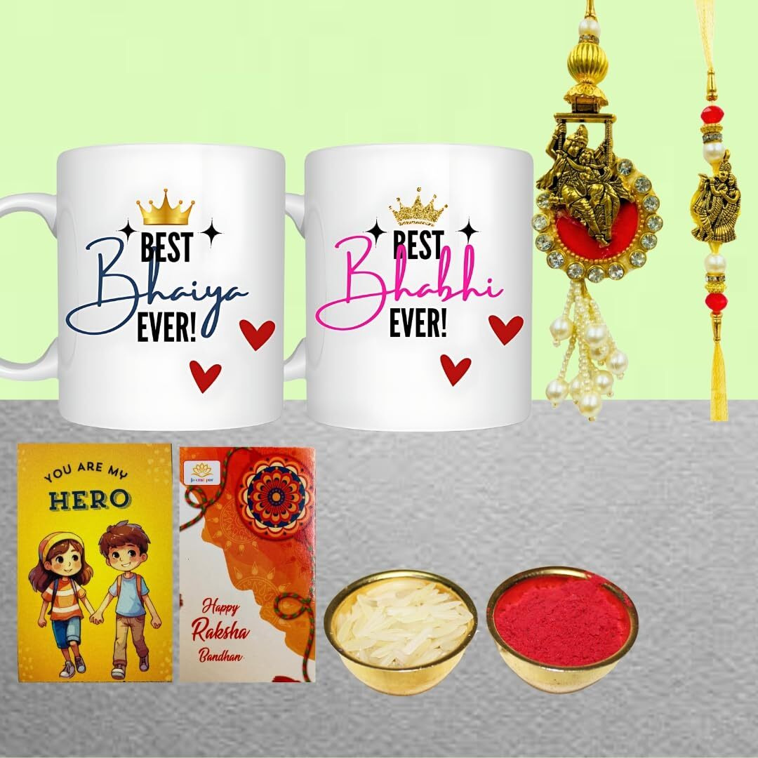 Zaipoor Elegant Rakhi For Bhaiya And Bhabhi Ll Siblings|On This Raksha Bandhan Celebration Ii Rakhi Combo Set Of Roli Chawal, Fridge Magnet, Greeting Card & Mug