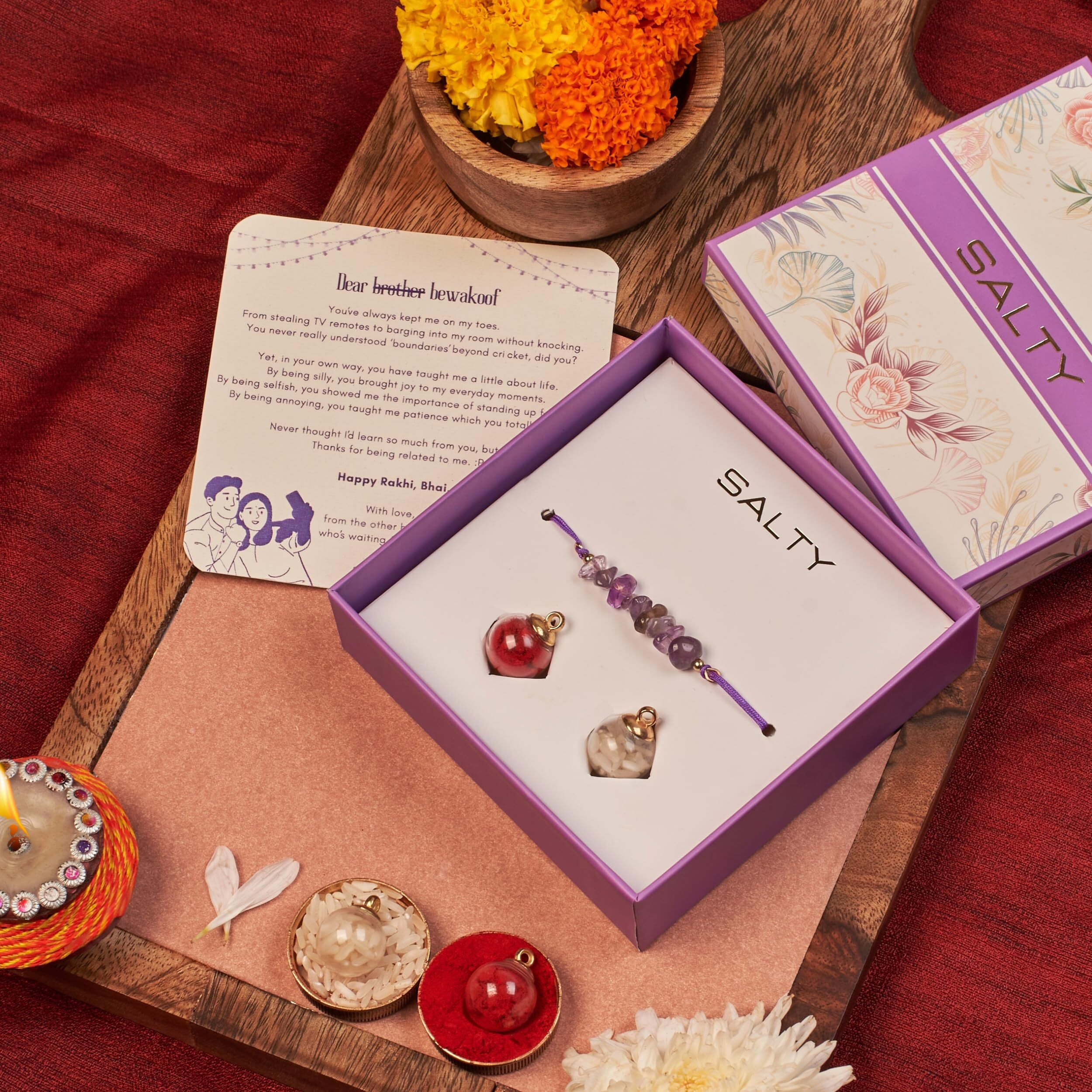Salty Set Of 1 Amethyst Healing Stone Thread Rakhi For Brother Purple | Rakhi Gift Pack For Sister, Bhaiya And Bhabhi | Bracelet For Men, Women | Fancy Jewellery Combo Gifts | Ideal For Gifting Hamper