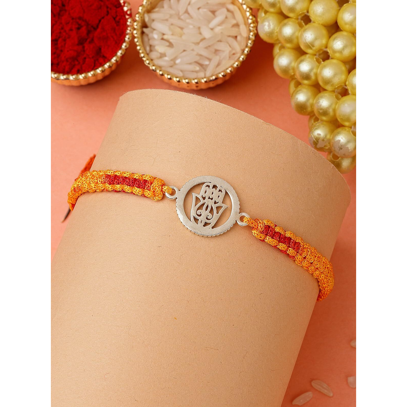 Sukkhi Rakhi 925 Sterling Silver Jainism Religious Symbol Silver Rakhi Bracelet For Men With Roli Chawal & Free Greeting Card With Certificate Of Authenticity | 925 Silver Rakhi For Brother| Rak106993