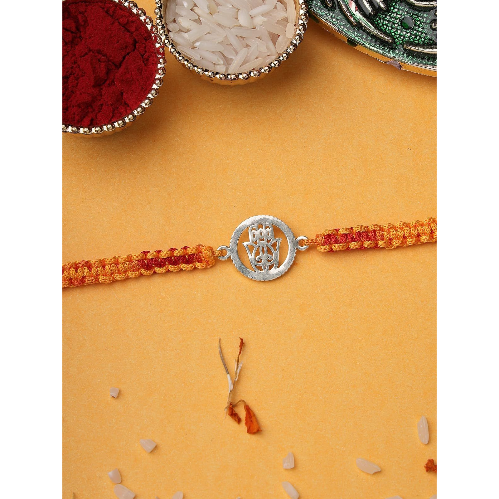 Sukkhi Rakhi 925 Sterling Silver Jainism Religious Symbol Silver Rakhi Bracelet For Men With Roli Chawal & Free Greeting Card With Certificate Of Authenticity | 925 Silver Rakhi For Brother| Rak106993