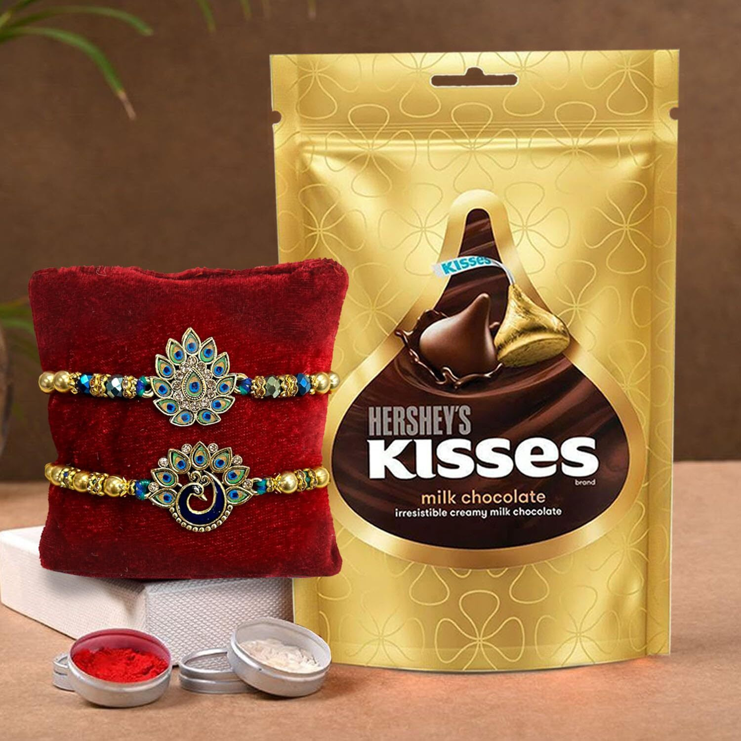 Tied Ribbons Set Of 2 Rakhi For Brother With Gift Chocolate Combo - Premium Bracelet For Brother Bhaiya Boys Kids Men With Hersheys Kisses Chocolate And Card Tikka - Rakhi For Rakshabandhan