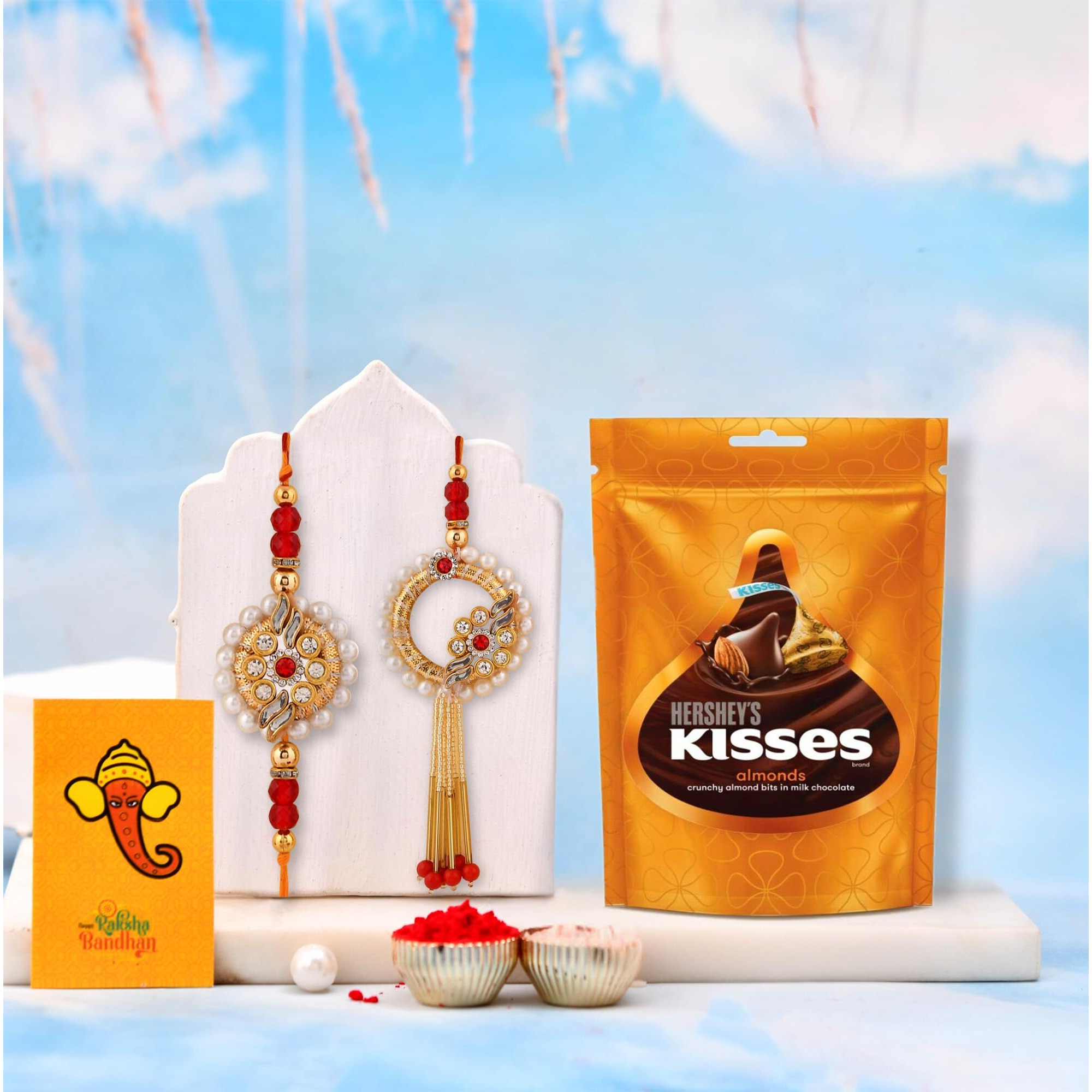 Craftvatika Rakhi With Chocolate Gift Combo Set For Brother And Bhabhi, Kundan Couple Pair Rakhi For Bhai Bhabhi, Premium Lumba Raki With Tikka For Bhai, Rakshabandhan Rakhi Gift For Bhaiya