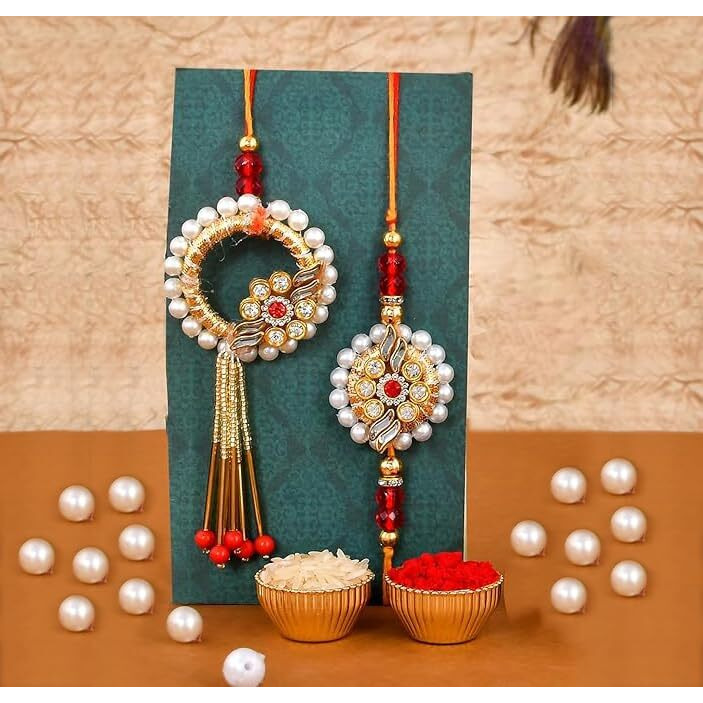 Craftvatika Rakhi With Chocolate Gift Combo Set For Brother And Bhabhi, Kundan Couple Pair Rakhi For Bhai Bhabhi, Premium Lumba Raki With Tikka For Bhai, Rakshabandhan Rakhi Gift For Bhaiya