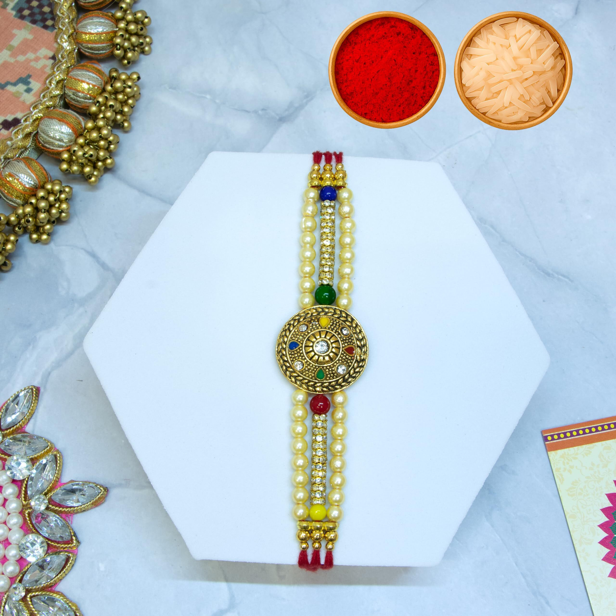 Set Of 1 Bracelet Rakhi For Brother | Rakhi With Cadbury Chocolate Gift For Brother | Premium Rakhi With Roli, Tilak & Greeting Card (Design-1)