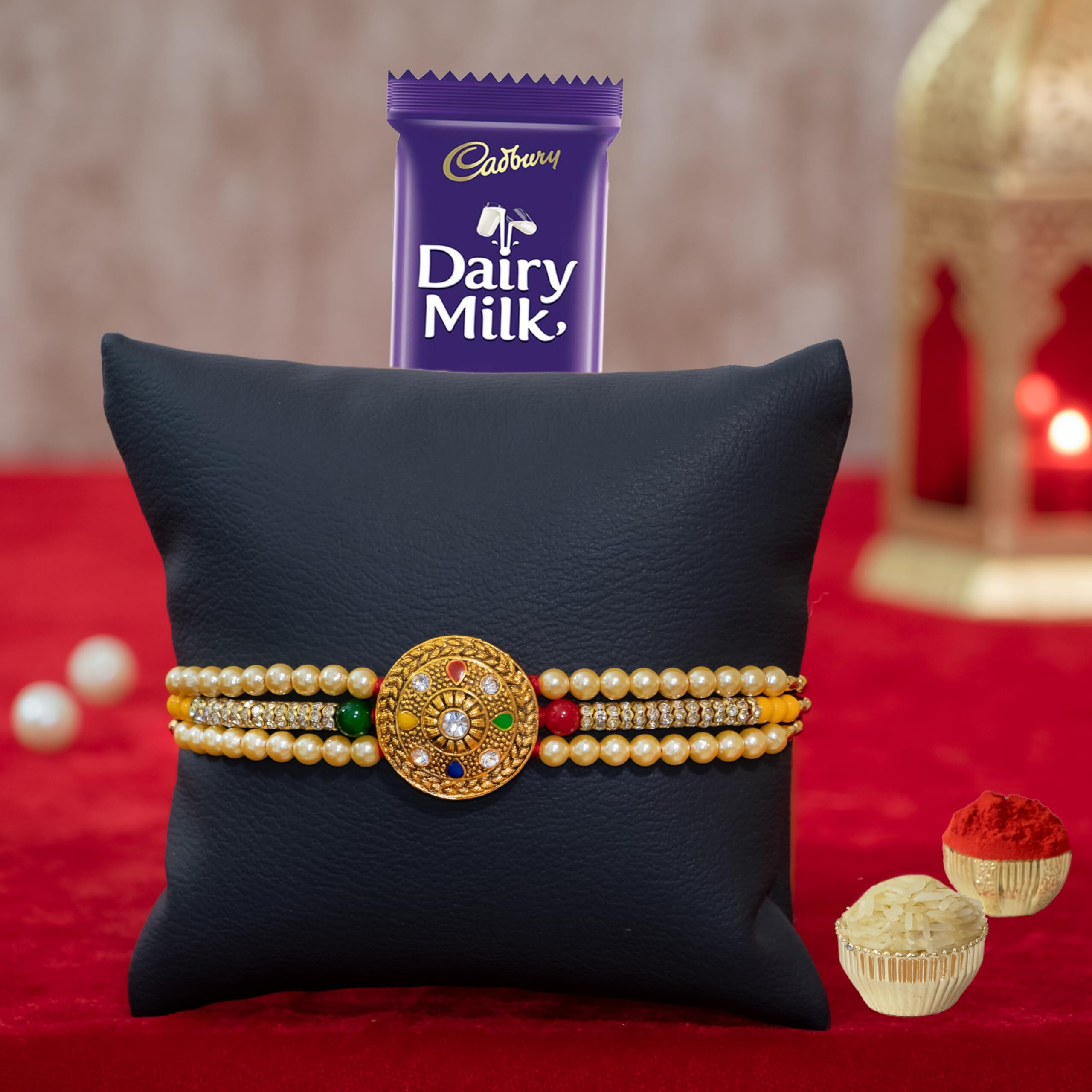 Set Of 1 Bracelet Rakhi For Brother | Rakhi With Cadbury Chocolate Gift For Brother | Premium Rakhi With Roli, Tilak & Greeting Card (Design-1)
