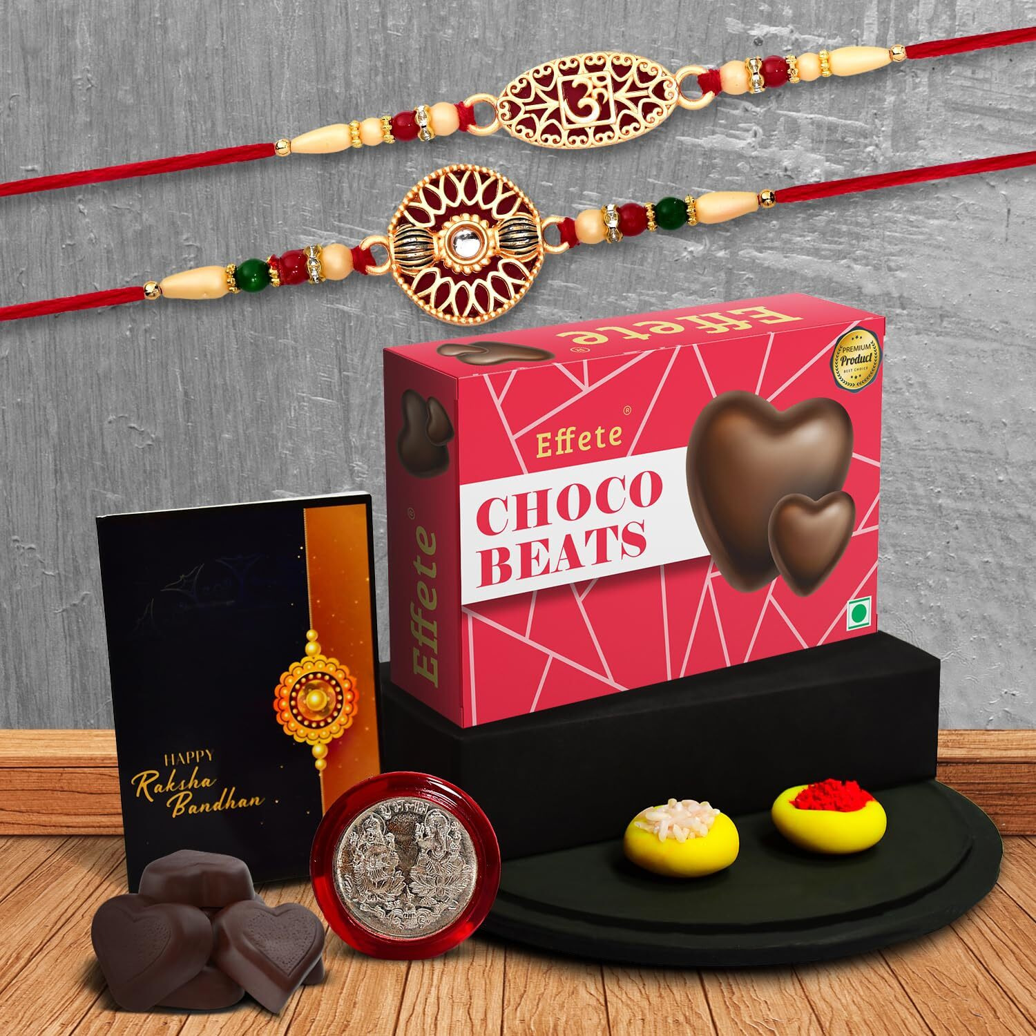 Oblivion Rakhi Combo Gift Brother Center Filled Chocolate | Golden Color Stone Rakhi | Rakhi Gift Brother/Sister | Bracelet Rakhi | Rakhi Set Of 2| Greeting Card,Roli-Chaval,Coin(K2_509+510_Cb32)