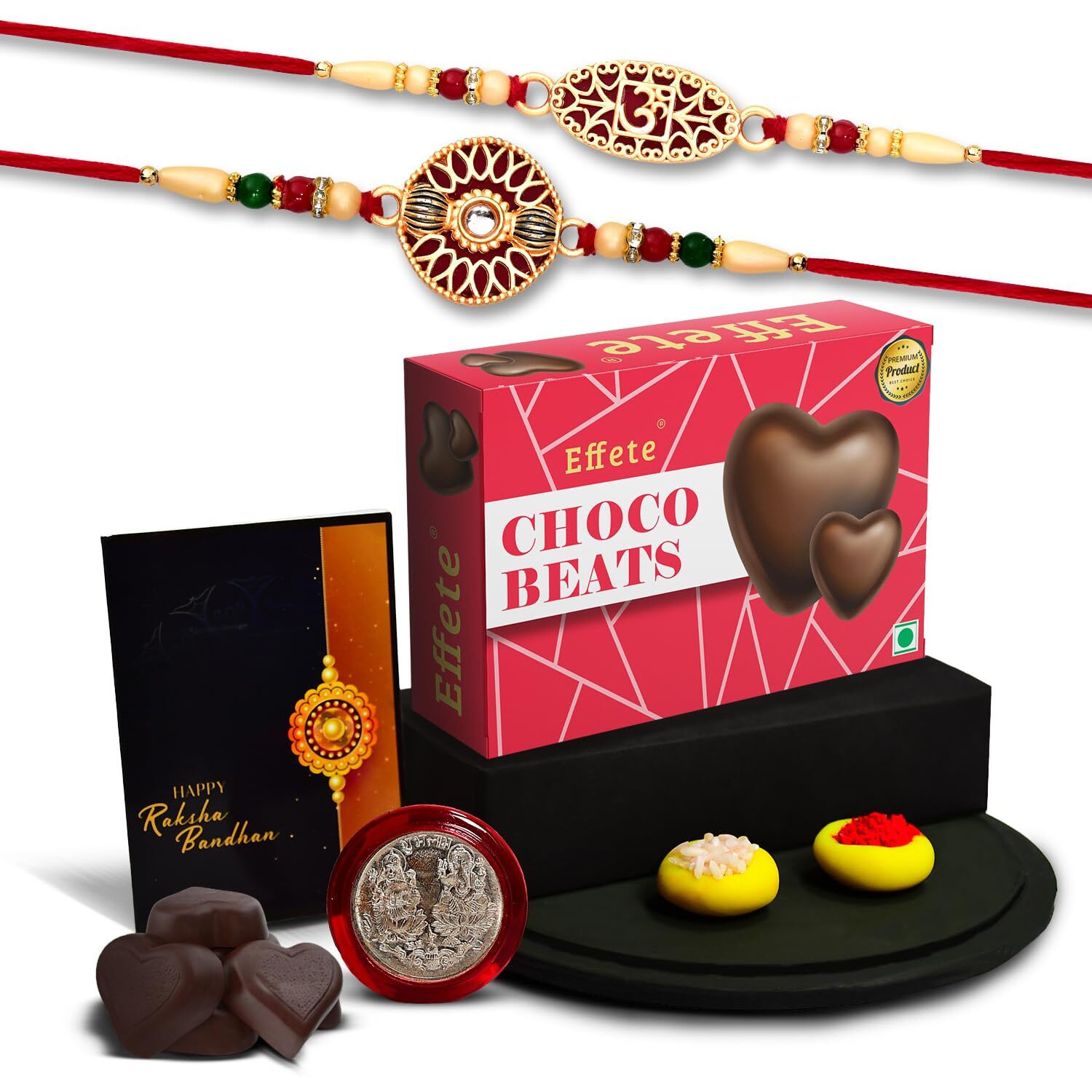 Oblivion Rakhi Combo Gift Brother Center Filled Chocolate | Golden Color Stone Rakhi | Rakhi Gift Brother/Sister | Bracelet Rakhi | Rakhi Set Of 2| Greeting Card,Roli-Chaval,Coin(K2_509+510_Cb32)