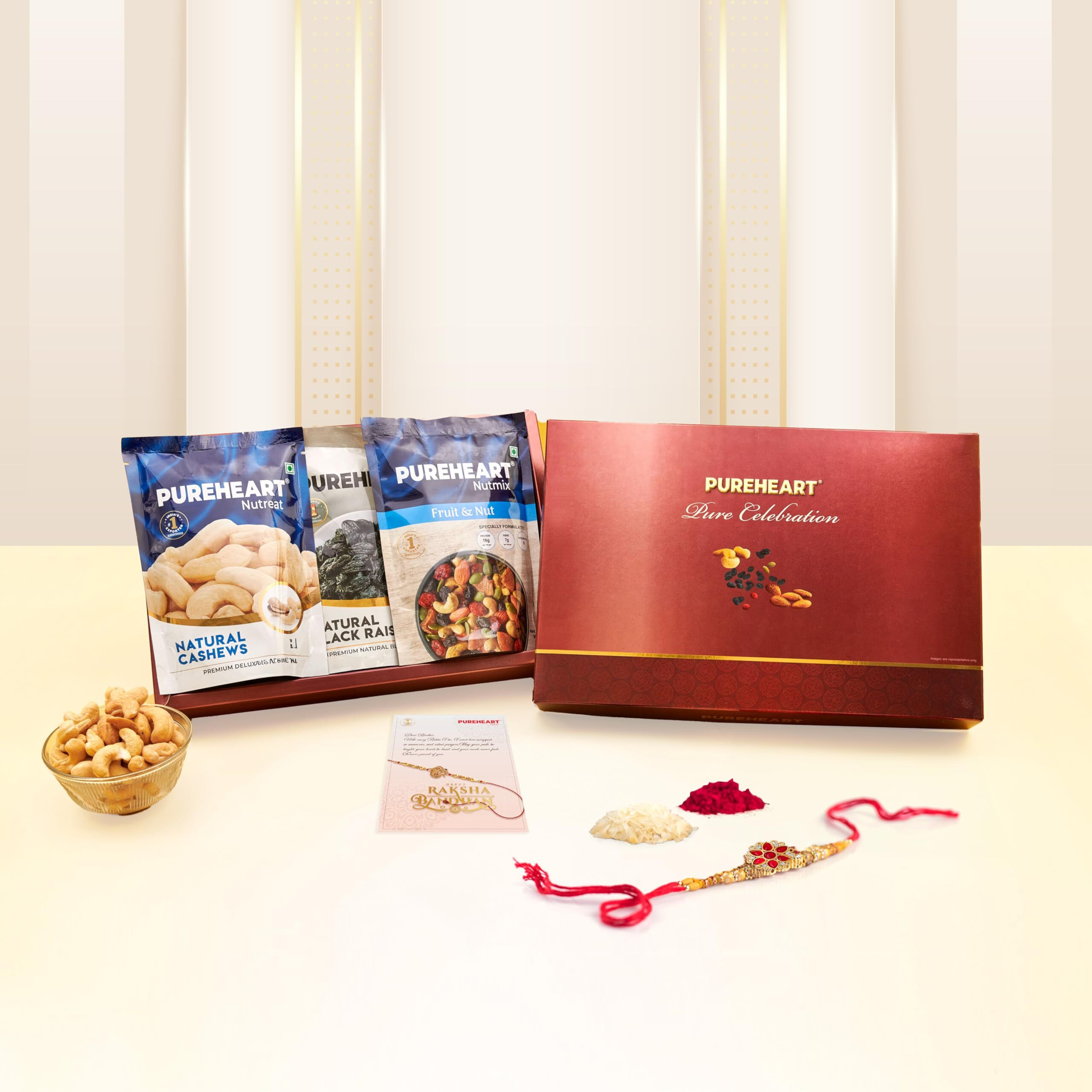 Pureheart Rakhi Gift Hamper- Natural Cashews, Fruit & Nut Nutmix And Black Raisins (80G, Each) With Floral Rakhi For Brother, Gift Card, Pooja Rice, Kumkum - Dry Fruits Gift For Rakshabandhan