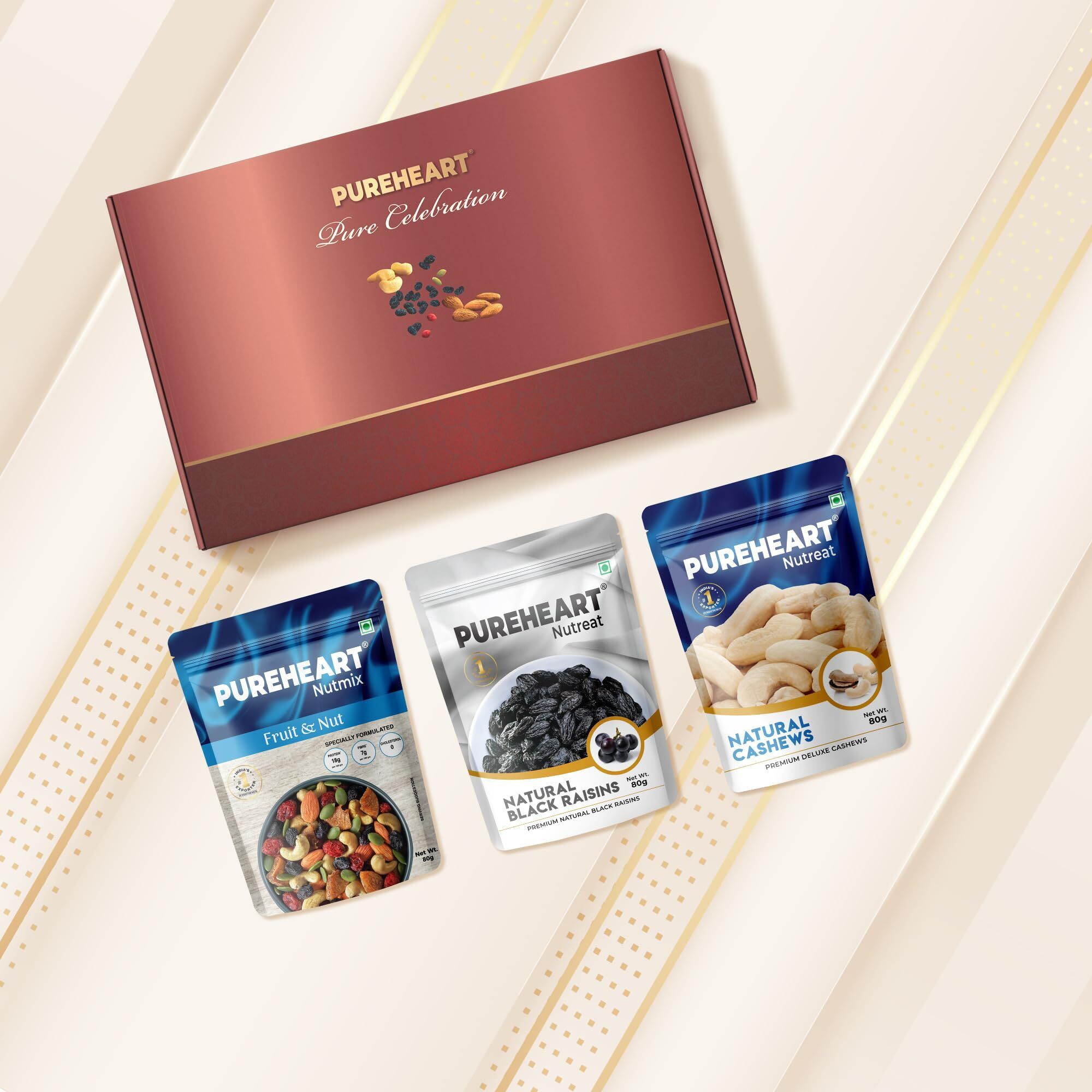 Pureheart Rakhi Gift Hamper- Natural Cashews, Fruit & Nut Nutmix And Black Raisins (80G, Each) With Floral Rakhi For Brother, Gift Card, Pooja Rice, Kumkum - Dry Fruits Gift For Rakshabandhan