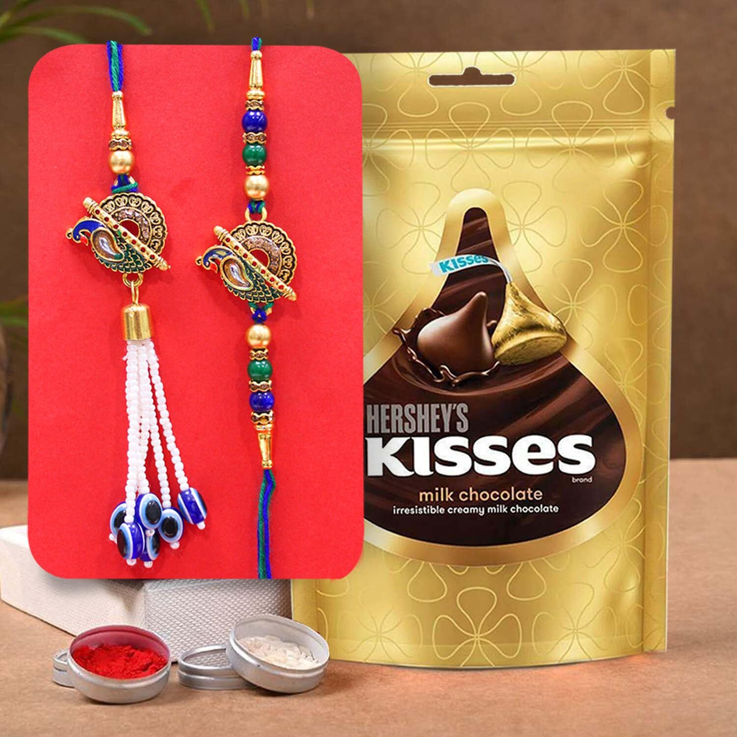 Tied Ribbons Rakhi For Brother With Chocolate Gift - Designer Peacock Rakhi With Hershey's Kisses Chocolate Pack And Rakshabandhan Card Tikka - Bracelet Rakhi For Brother Bhaiya Bhabhi Boys Kids Men
