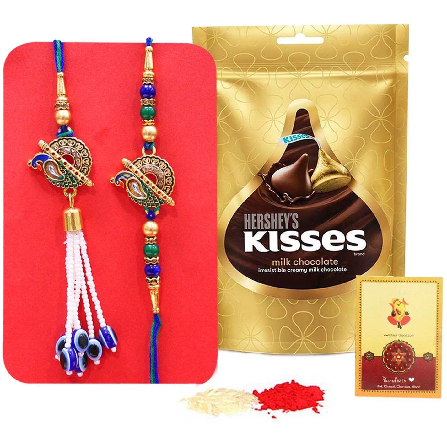 Tied Ribbons Rakhi For Brother With Chocolate Gift - Designer Peacock Rakhi With Hershey's Kisses Chocolate Pack And Rakshabandhan Card Tikka - Bracelet Rakhi For Brother Bhaiya Bhabhi Boys Kids Men