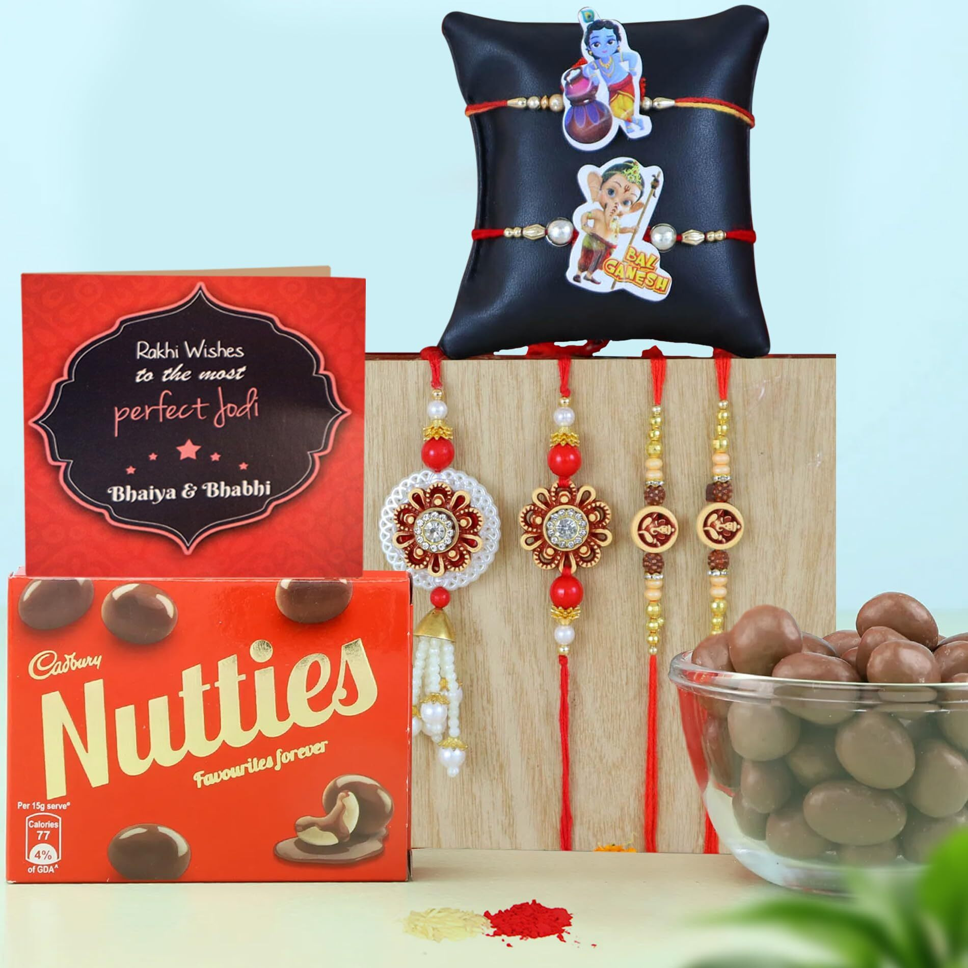 Tied Ribbons Rakhi Gift For Brother Bhabhi And Kid With Chocolate Combo - Set Of 6 Premium Family Rakhi For Bhaiya Bhabhi Kids Brother With Cadbury Nutties Chocolate Box Card & Tikka, 250 Gm