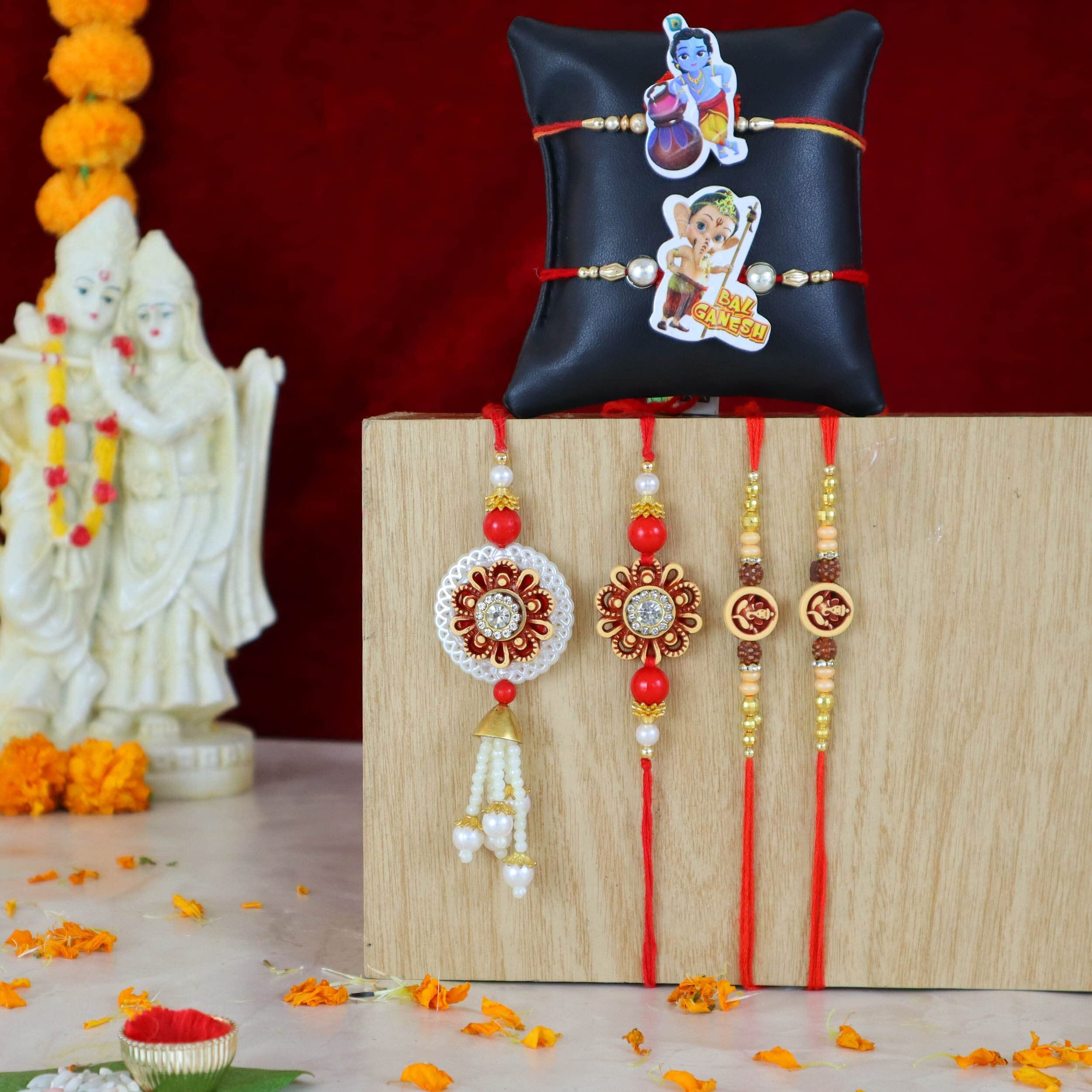 Tied Ribbons Rakhi Gift For Brother Bhabhi And Kid With Chocolate Combo - Set Of 6 Premium Family Rakhi For Bhaiya Bhabhi Kids Brother With Cadbury Nutties Chocolate Box Card & Tikka, 250 Gm