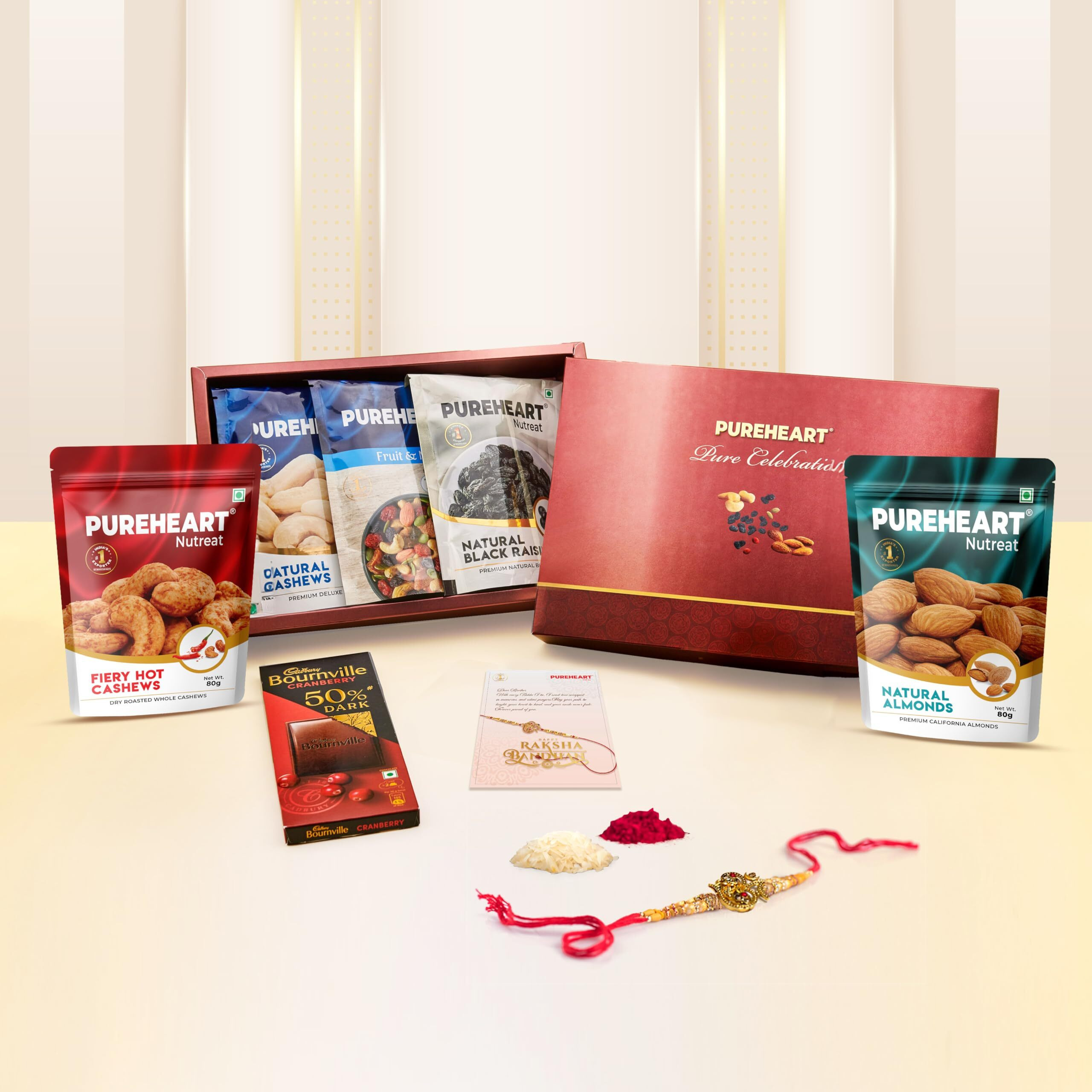 Pureheart Rakhi Gift Natural And Fieryhot Cashews, Almonds, Fruit & Nut Nutmix, Black Raisins (80G, Each), Cadbury Bournville Dark Chocolate With Rakhi For Brother, Card, Rice, Kumkum