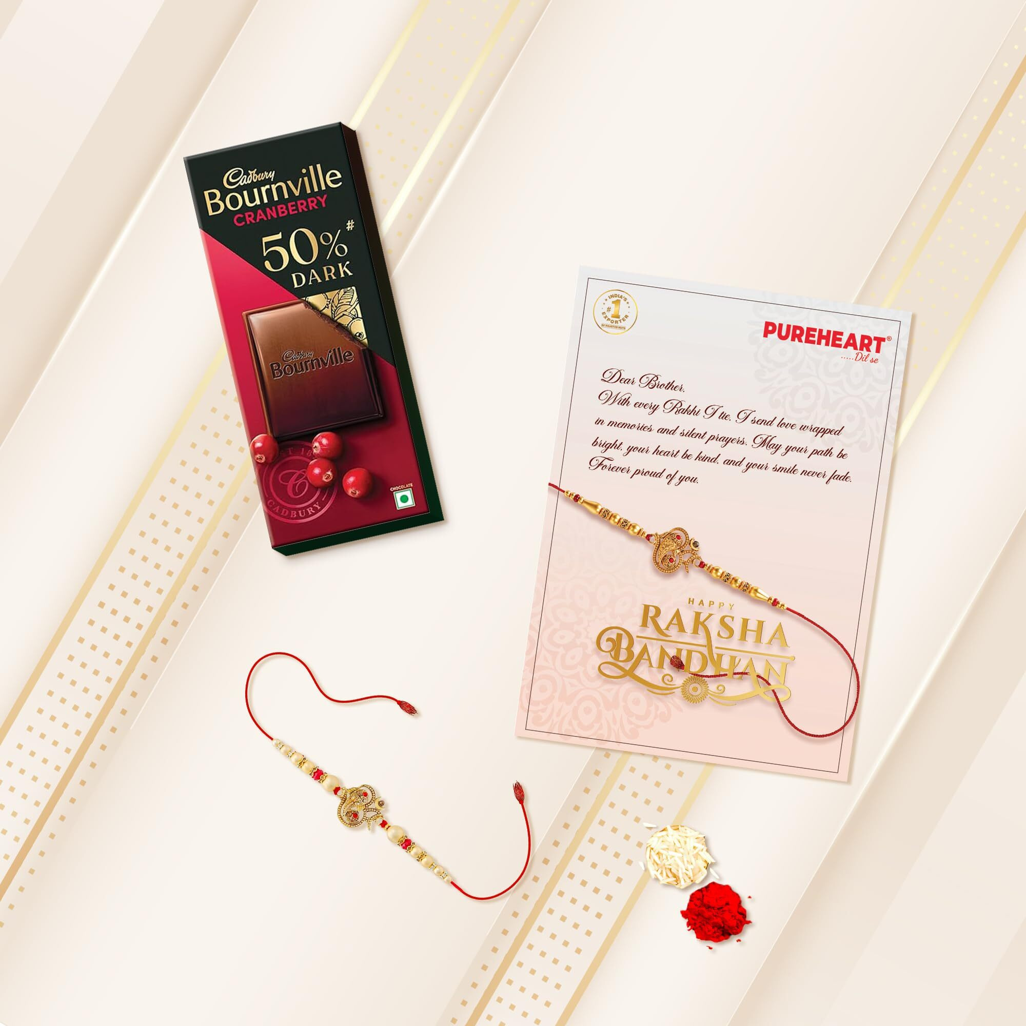 Pureheart Rakhi Gift Natural And Fieryhot Cashews, Almonds, Fruit & Nut Nutmix, Black Raisins (80G, Each), Cadbury Bournville Dark Chocolate With Rakhi For Brother, Card, Rice, Kumkum