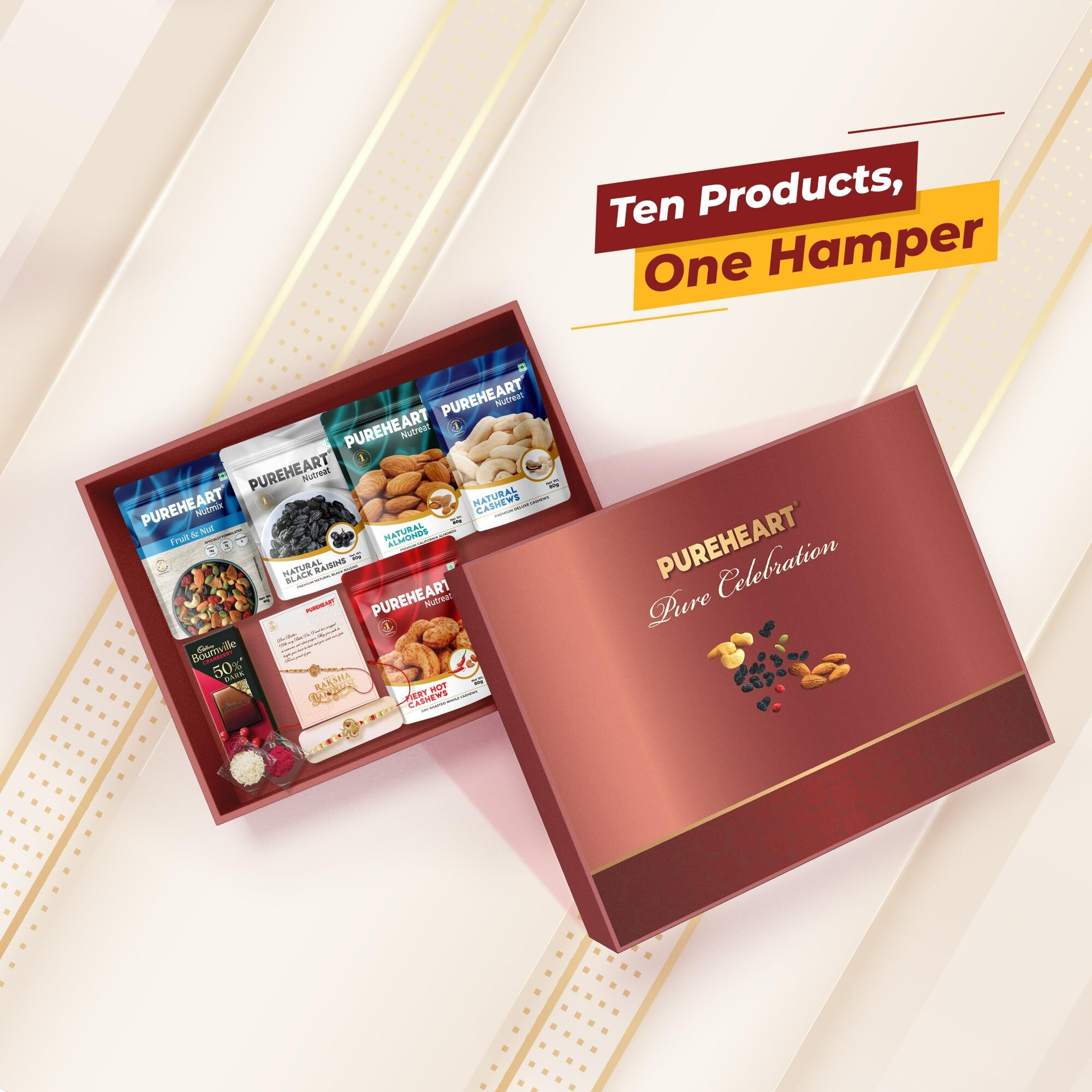 Pureheart Rakhi Gift Natural And Fieryhot Cashews, Almonds, Fruit & Nut Nutmix, Black Raisins (80G, Each), Cadbury Bournville Dark Chocolate With Rakhi For Brother, Card, Rice, Kumkum