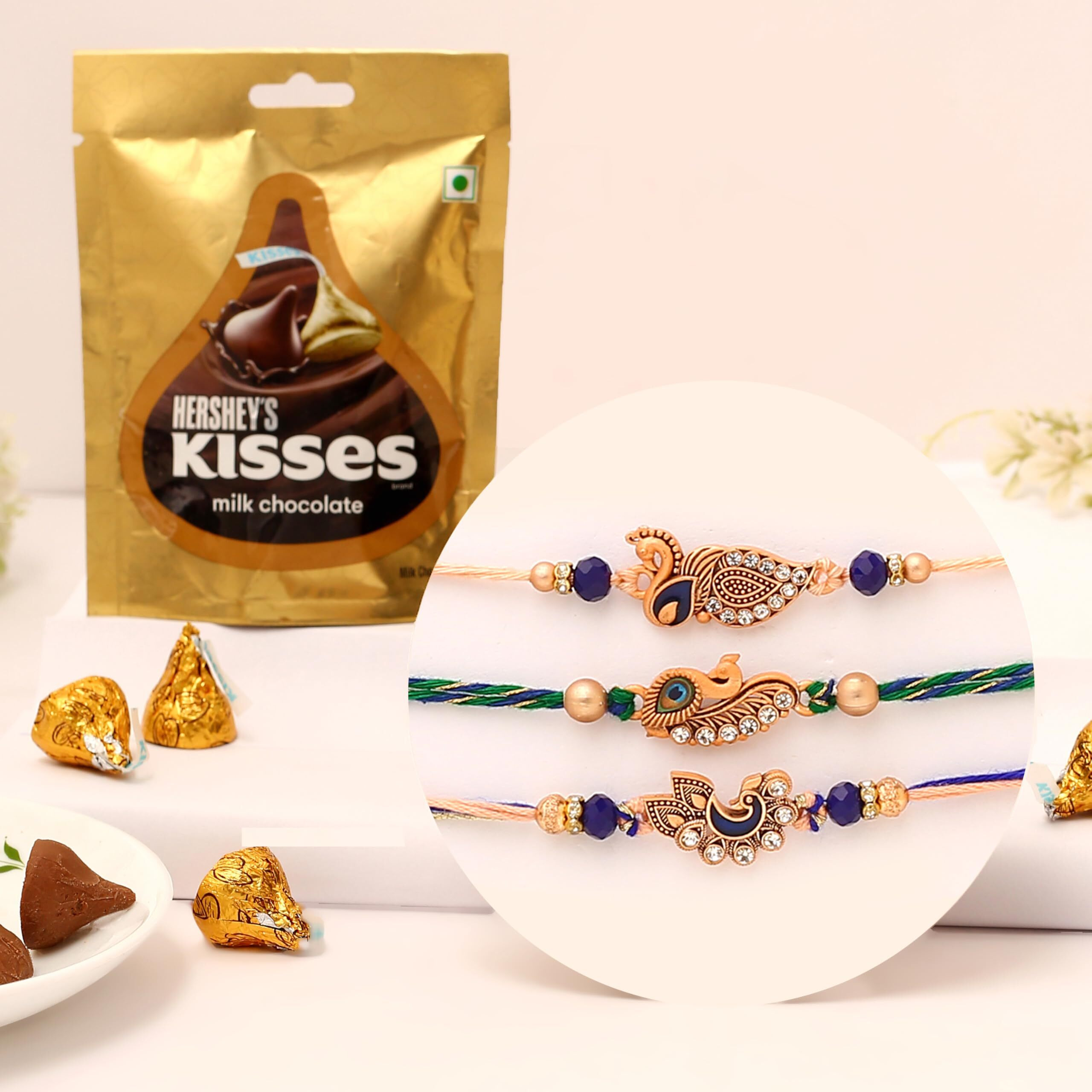 The Purple Tree Raksha Bandhan Gift Combo With Rakhi And Premium Milk Chocolates | 3 Pc Meenakari Peacock Rakhis For Brother With Chocolate, Roli Chawal And Card | Rakshabandhan Gift Hamper For Bhai