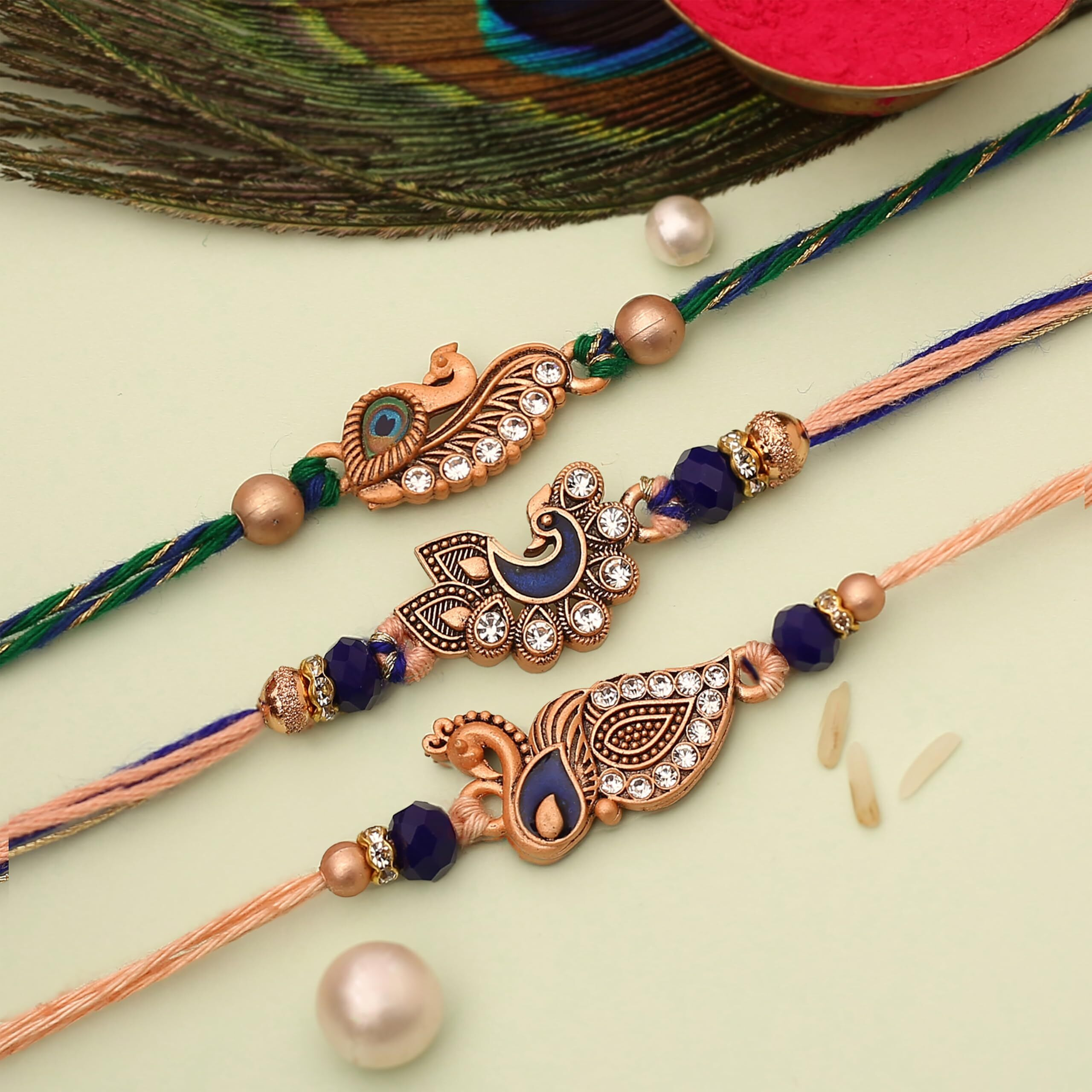 The Purple Tree Raksha Bandhan Gift Combo With Rakhi And Premium Milk Chocolates | 3 Pc Meenakari Peacock Rakhis For Brother With Chocolate, Roli Chawal And Card | Rakshabandhan Gift Hamper For Bhai