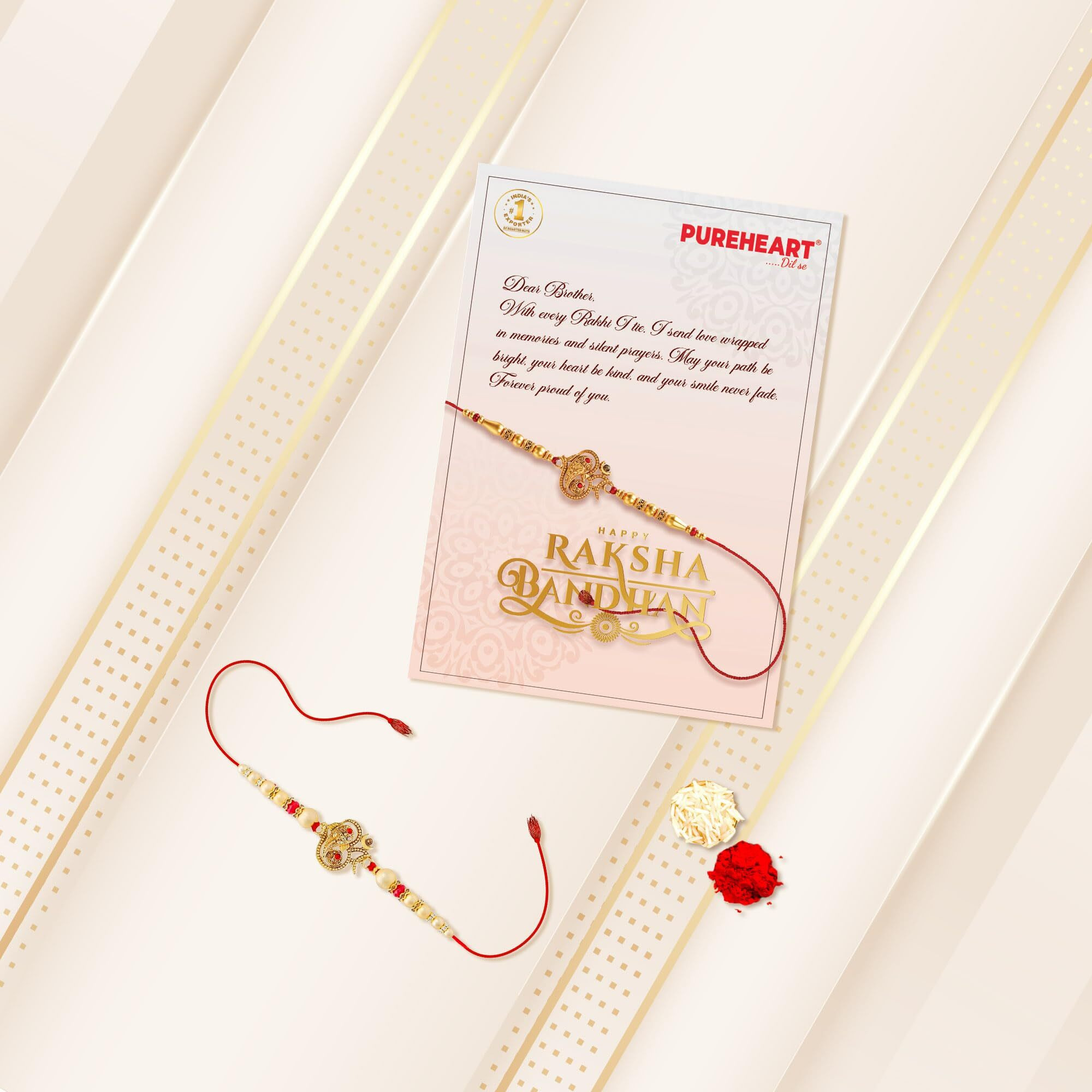 Pureheart Rakhi Gift Hamper- Natural Cashews, Fruit & Nut Nutmix And Black Raisins (80G, Each) With Designer Rakhi For Brother, Gift Card, Pooja Rice, Kumkum - Of Crunchy Dry Fruits And Nuts