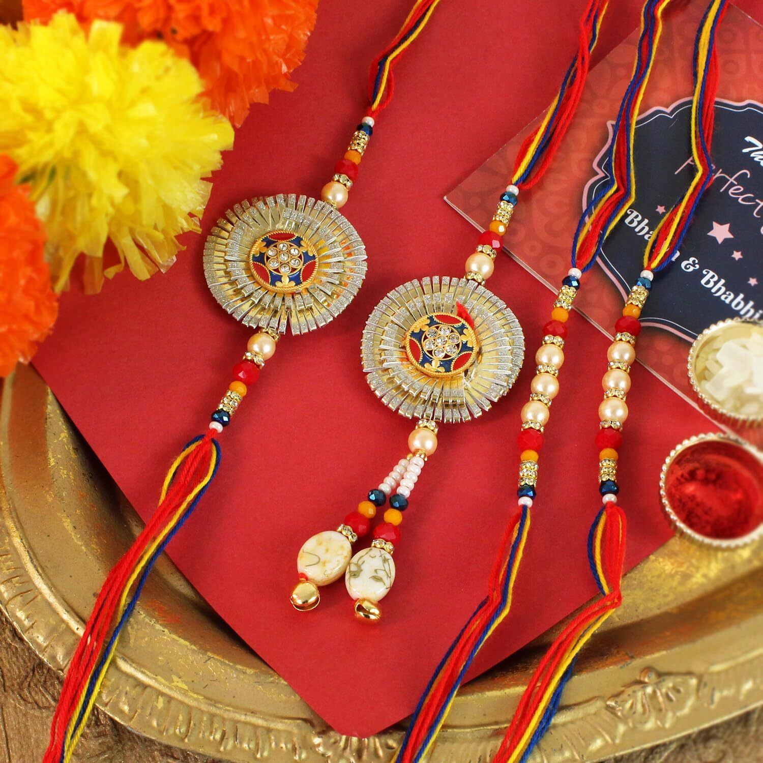 Tied Ribbons Rakhi For Brother And Bhabhi Kids With Chocolate Gift Hamper - Premium Family Rakhi Set Of 4 For Bhaiya Bhabhi Kids With Chocolates Box Card And Tikka - Couple Set