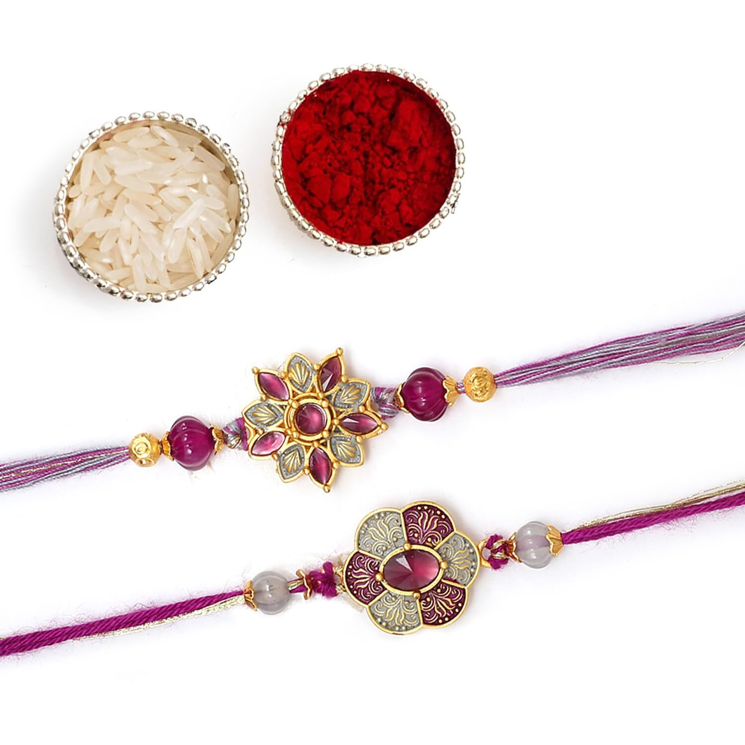 The Purple Tree Raksha Bandhan Gift Combo With Rakhi And Premium Milk Chocolates | 2 Pc Purple Kundan Rakhis For Brother With Chocolate, Roli Chawal And Card | Rakshabandhan Gift Hamper For Bhai