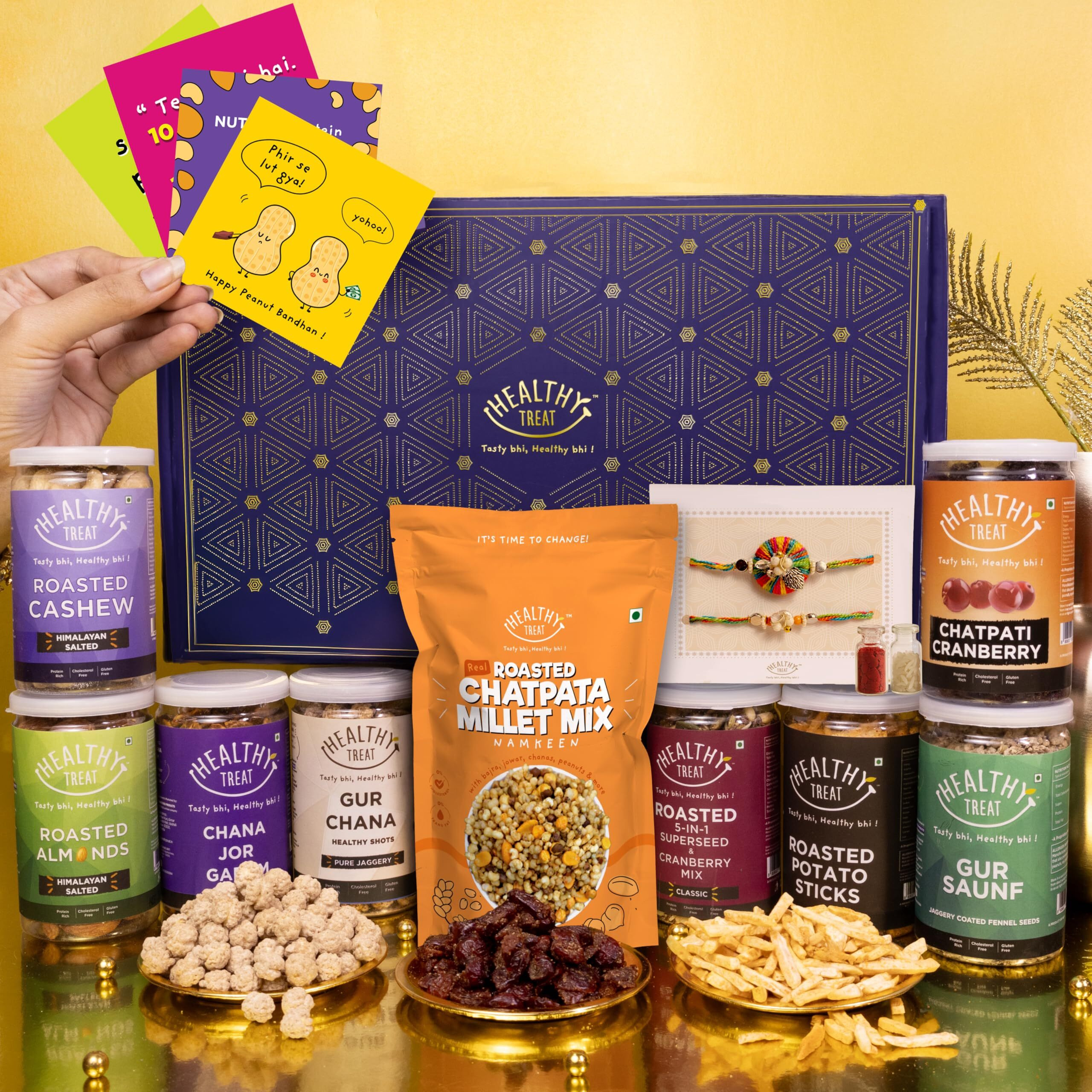 Healthy Treat Grand Rakhi Gift Hamper | Roasted Dry Fruits, Snacks, Berries, A Pair Of Rakhii, Roli Chawal, Stickers | Rakhi's Gift For Brother And Sister | The Ultimate Assorted Raksha Bandhan Gift Hampers