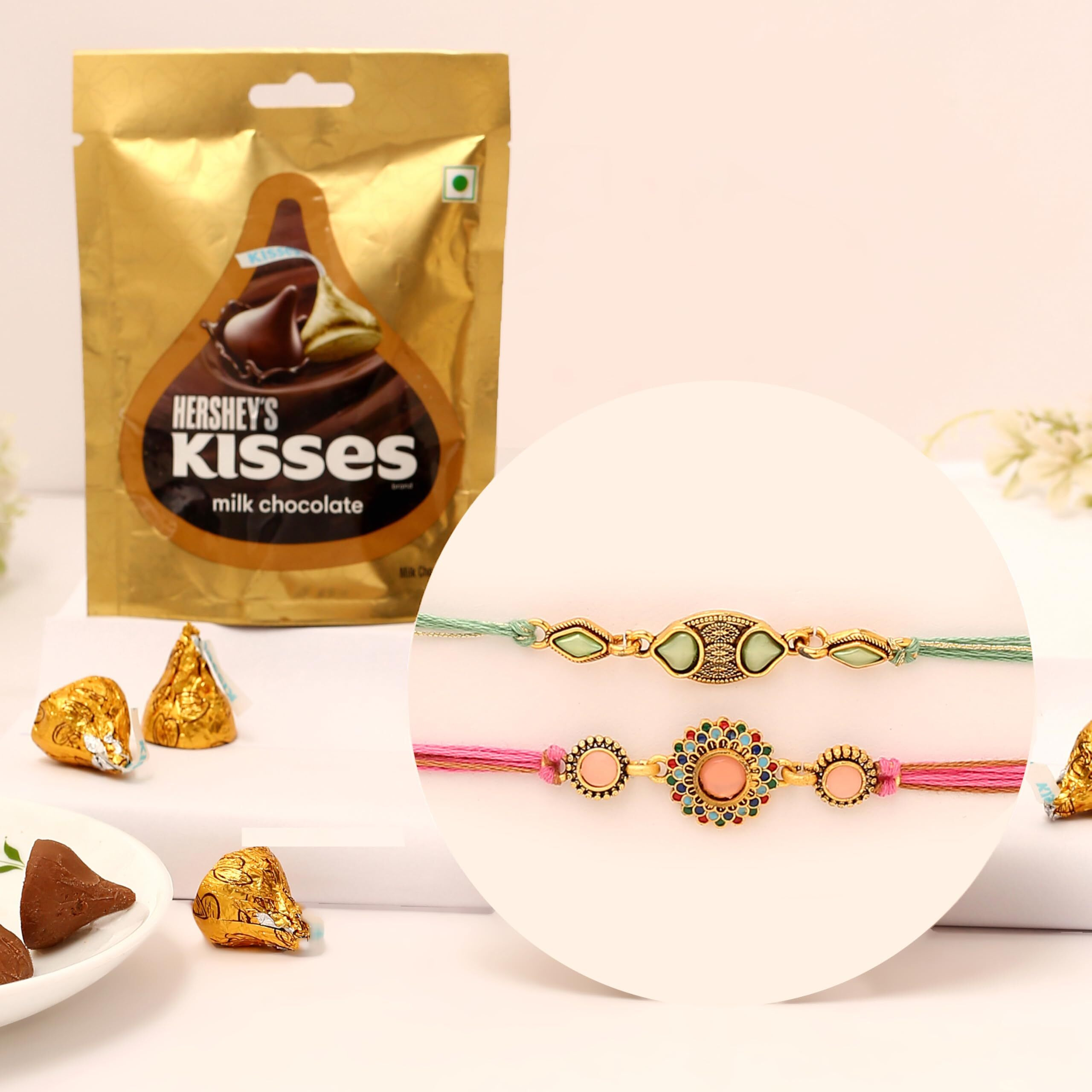 The Purple Tree Raksha Bandhan Gift Combo With Rakhi And Premium Milk Chocolates | 2 Pc Designer Floral Kundan Rakhis For Brother With Chocolate, Roli Chawal And Card | Rakshabandhan Gift Hamper For Bhai