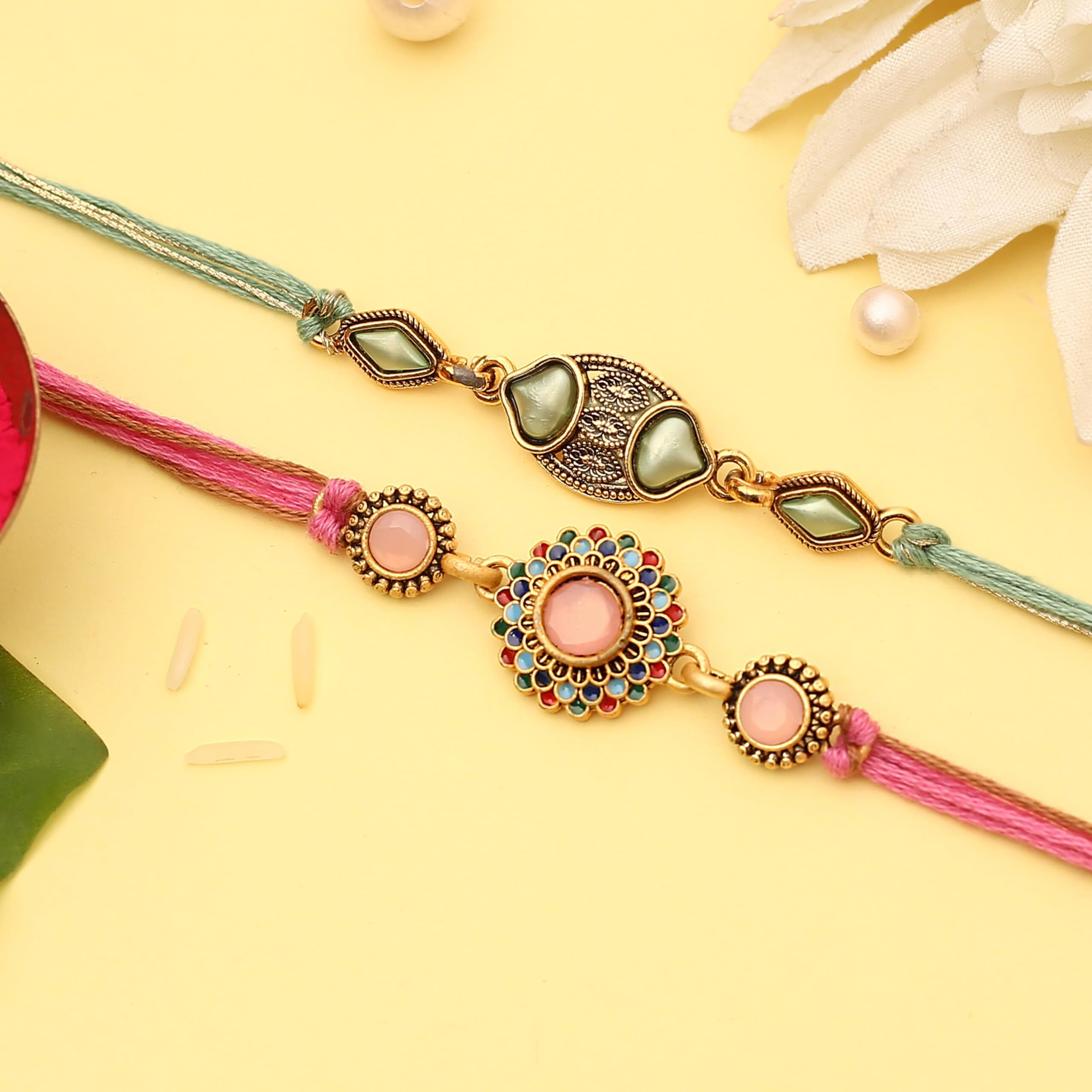 The Purple Tree Raksha Bandhan Gift Combo With Rakhi And Premium Milk Chocolates | 2 Pc Designer Floral Kundan Rakhis For Brother With Chocolate, Roli Chawal And Card | Rakshabandhan Gift Hamper For Bhai