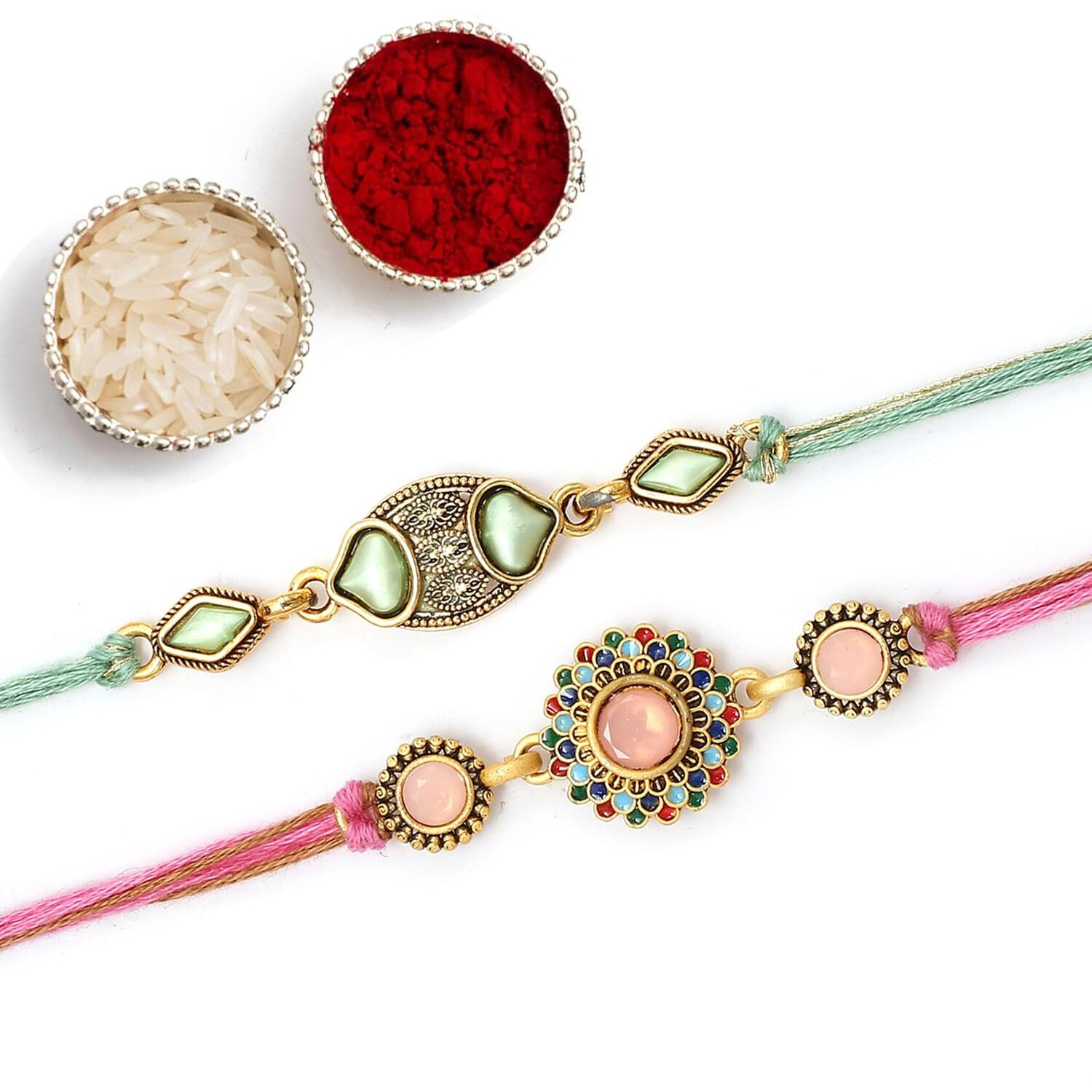 The Purple Tree Raksha Bandhan Gift Combo With Rakhi And Premium Milk Chocolates | 2 Pc Designer Floral Kundan Rakhis For Brother With Chocolate, Roli Chawal And Card | Rakshabandhan Gift Hamper For Bhai